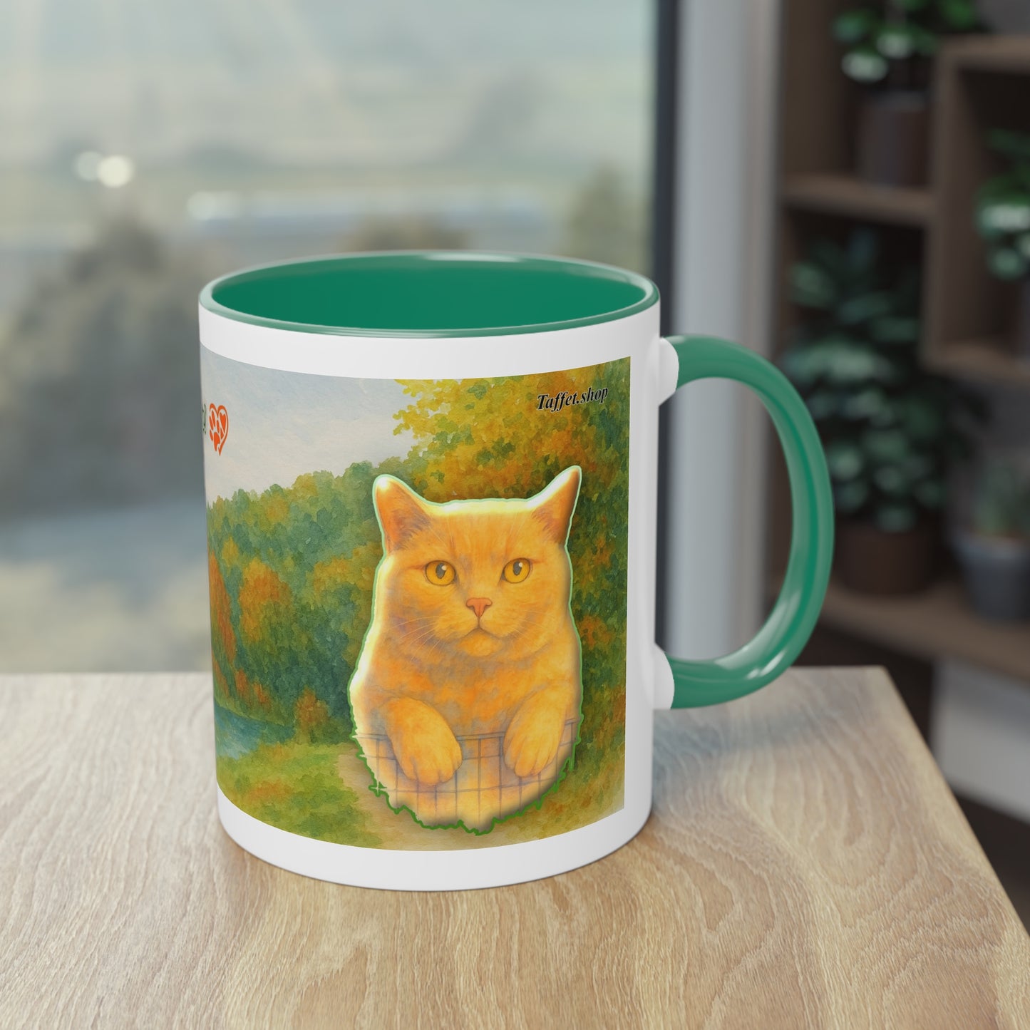 Tasse – Rote Katze mit Bäumen und blauem Himmel im Aquarell-Stil, 325 ml