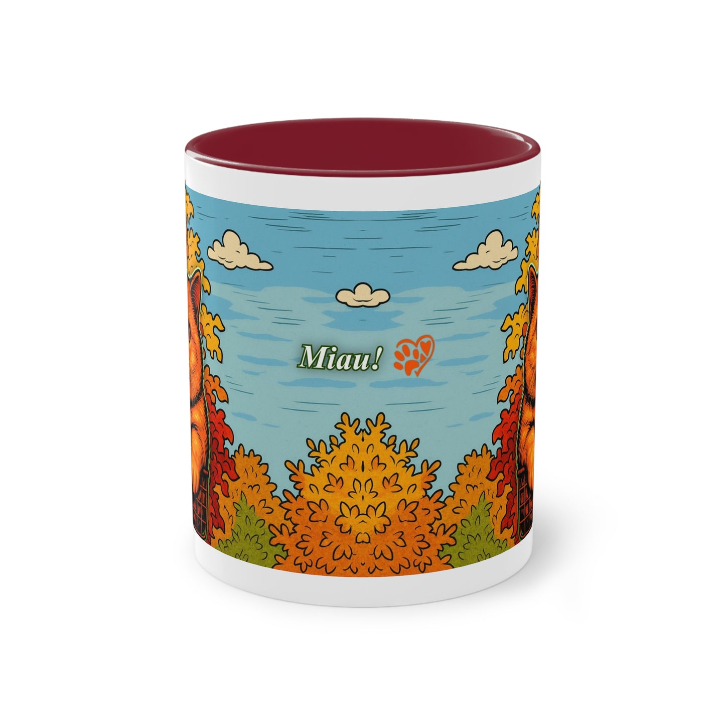 Tasse – Rote Katze mit Bäumen und blauem Himmel im Comic-Stil, 325 ml