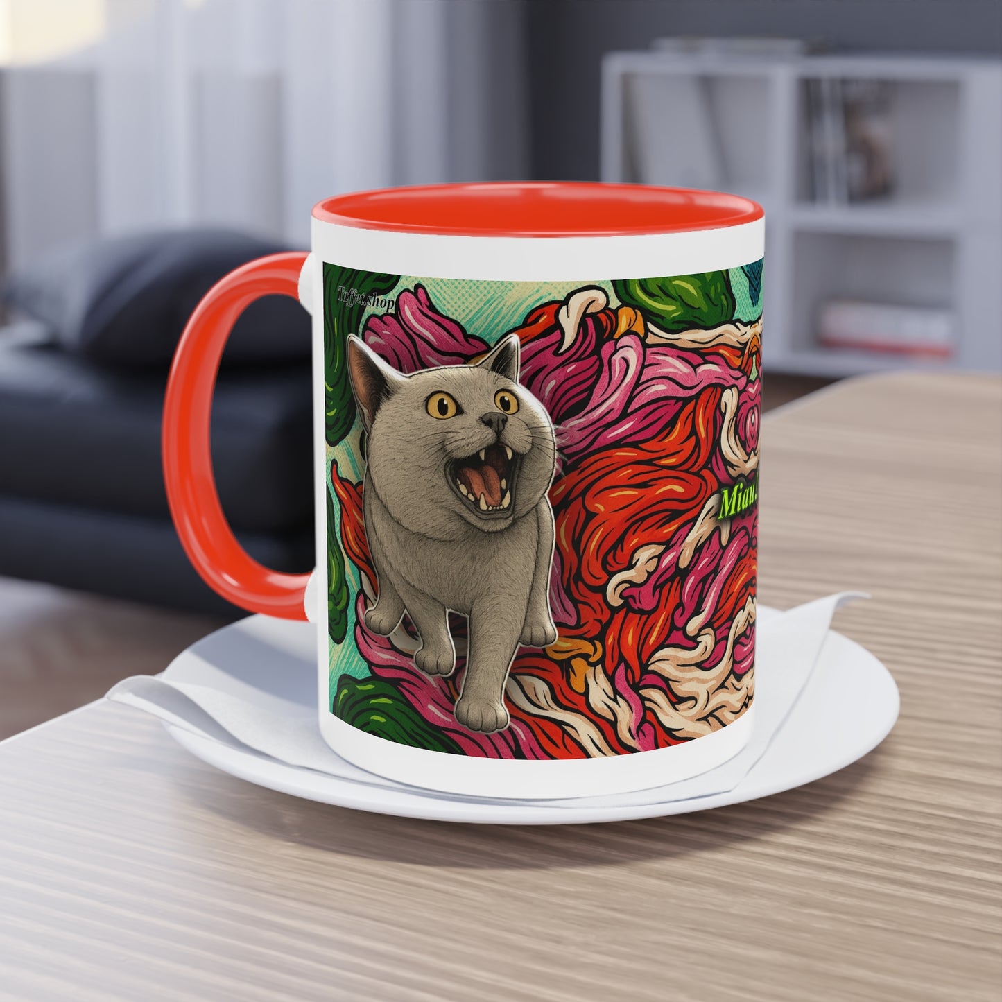Tasse – Katze BKH/BSH mit Blume im Comic-Stil, 325 ml