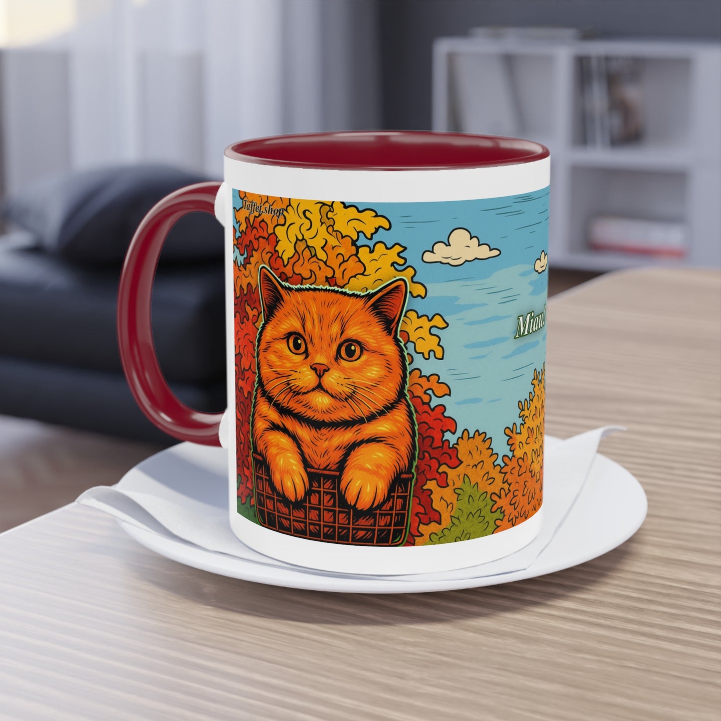 Tasse – Rote Katze mit Bäumen und blauem Himmel im Comic-Stil, 325 ml