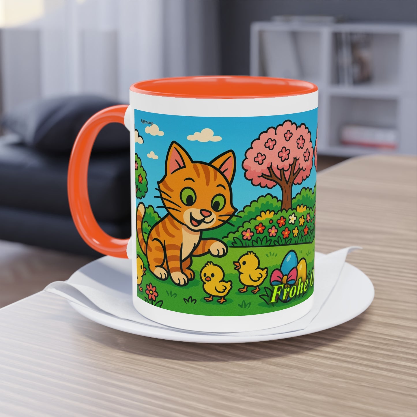 Tasse – „Katze & Küken“, Ostern/Frühling, 325 ml