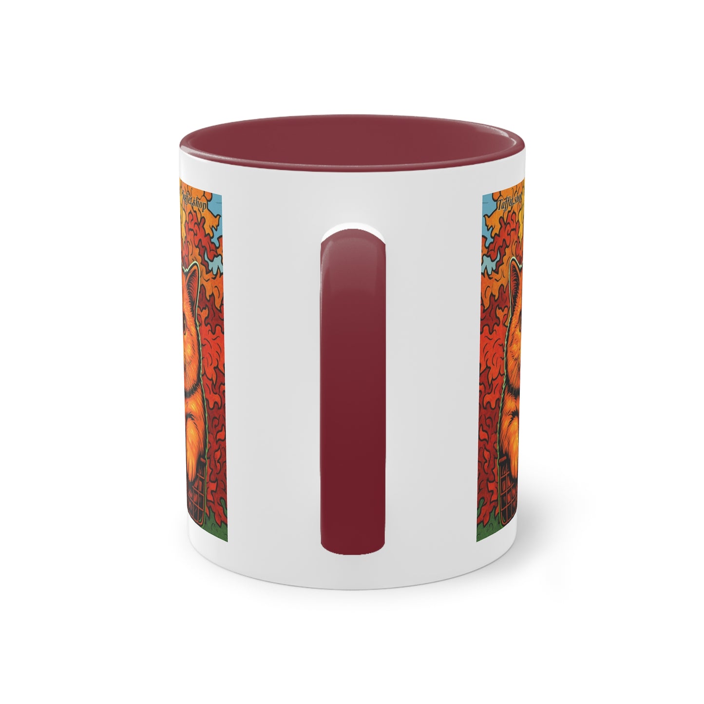 Tasse – Rote Katze mit Bäumen und blauem Himmel im Comic-Stil, 325 ml