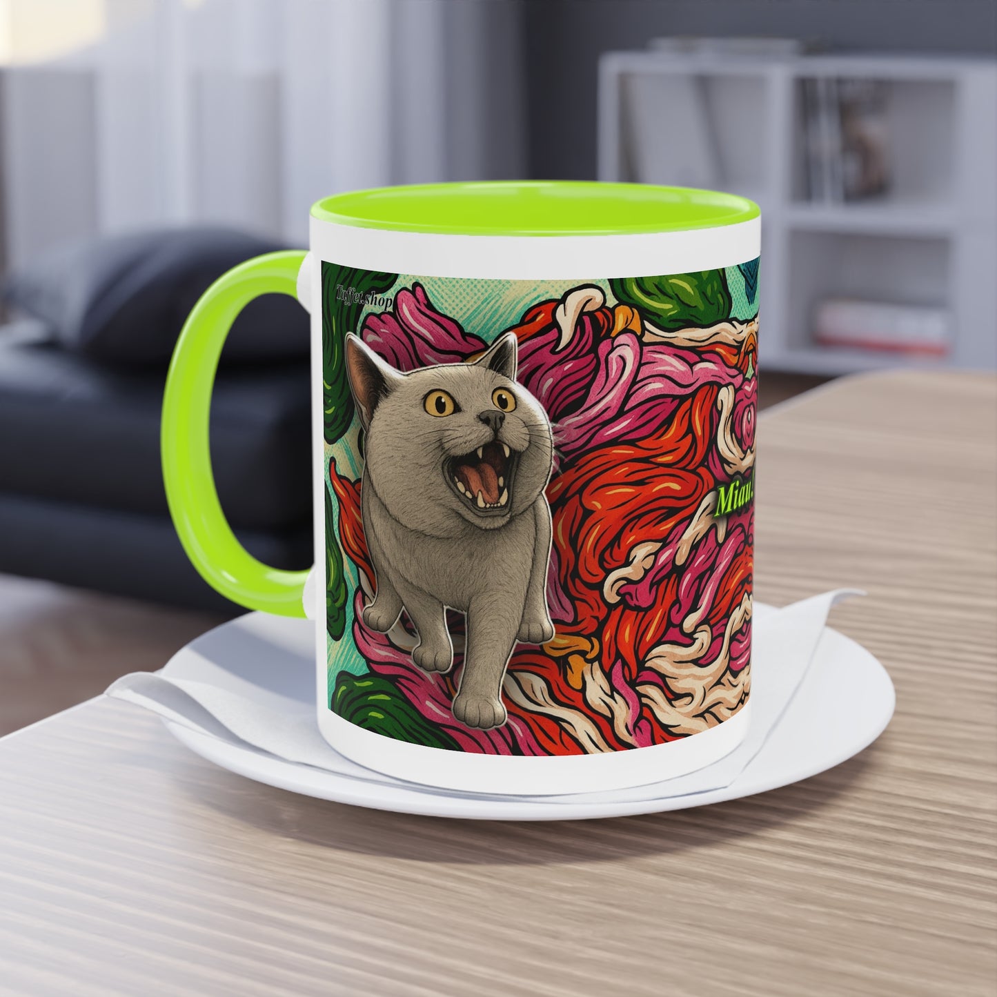 Tasse – Katze BKH/BSH mit Blume im Comic-Stil, 325 ml
