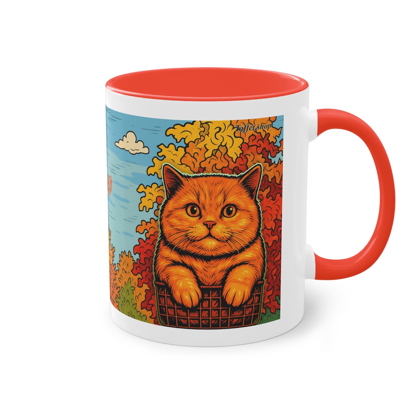 Tasse – Rote Katze mit Bäumen und blauem Himmel im Comic-Stil, 325 ml