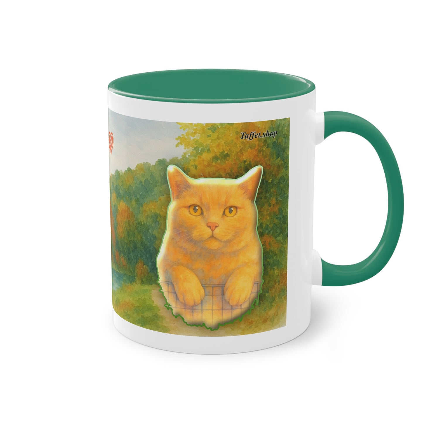 Tasse – Rote Katze mit Bäumen und blauem Himmel im Aquarell-Stil, 325 ml