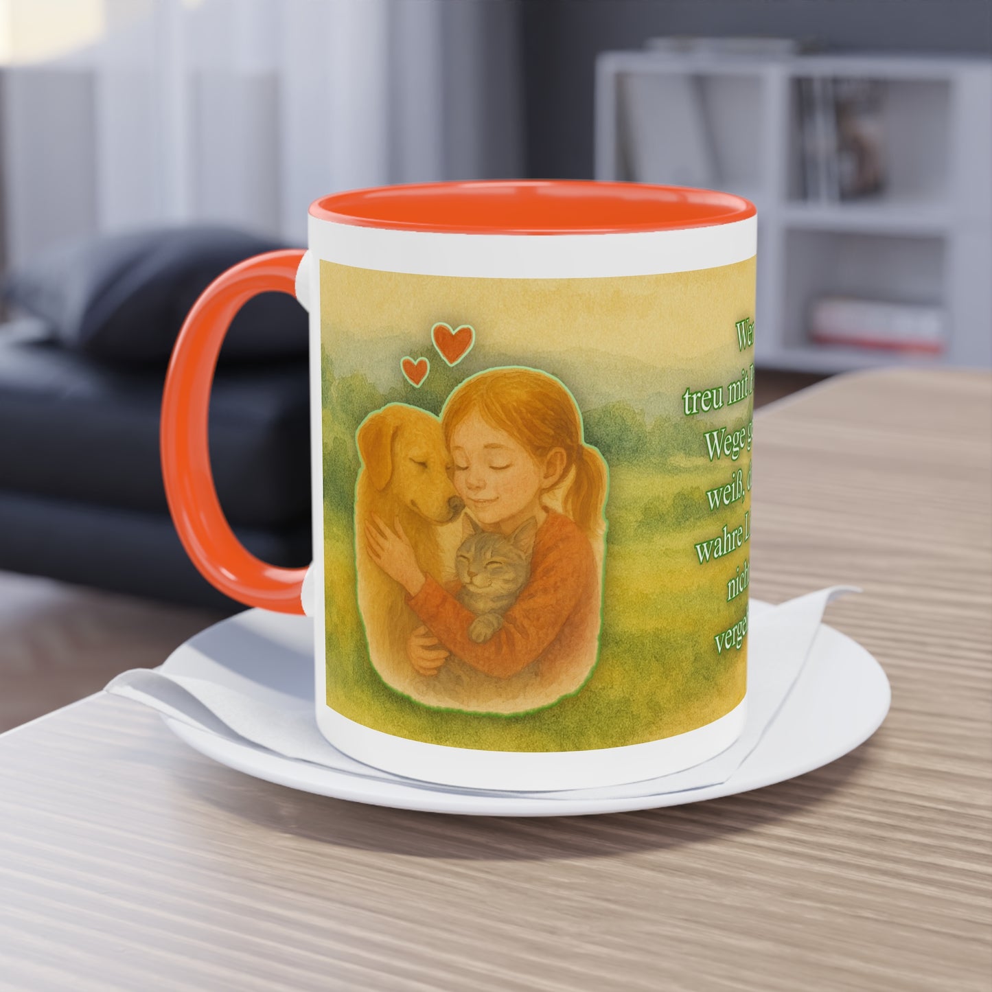 Animal protection mug: Love between Girl, Dog & Cat