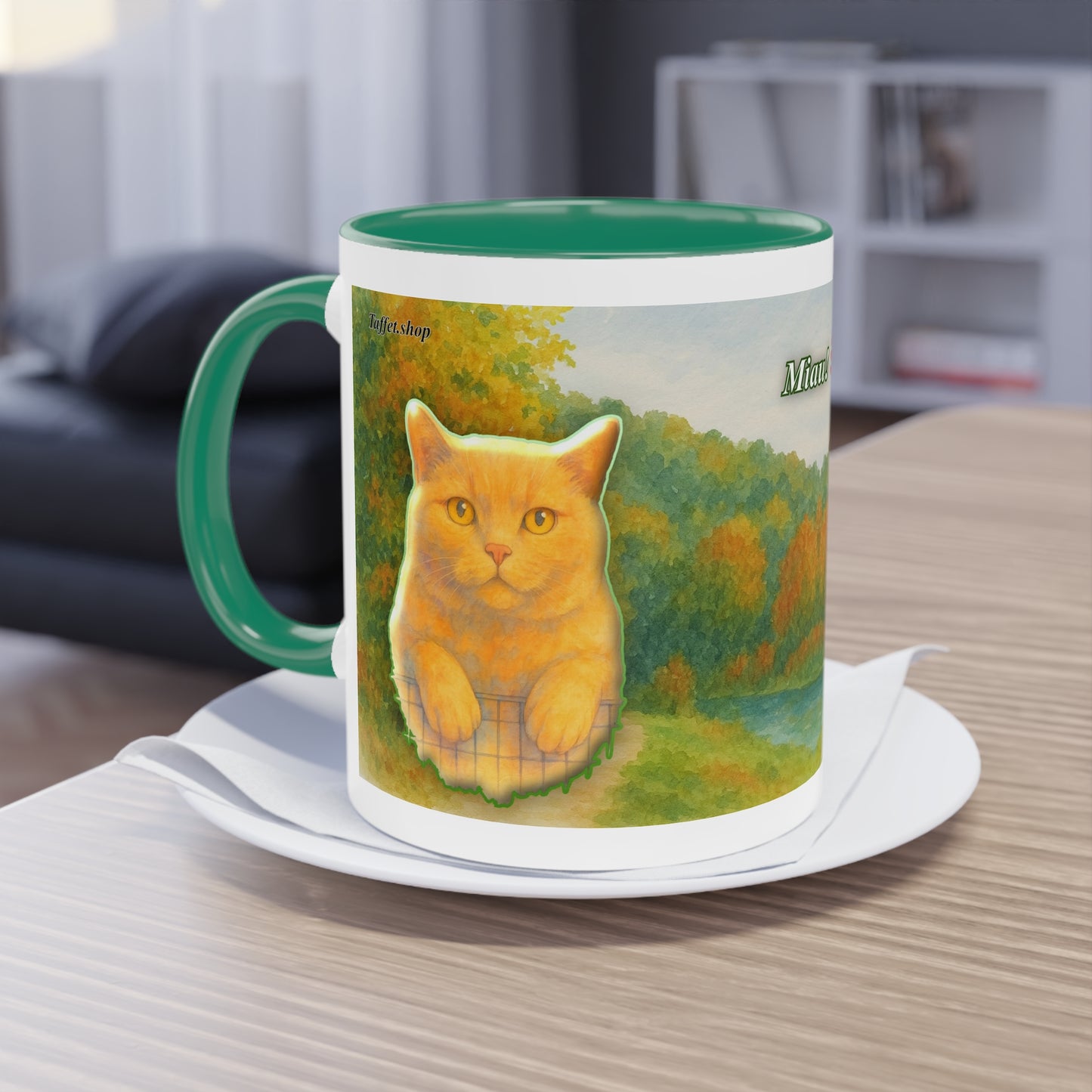 Tasse – Rote Katze mit Bäumen und blauem Himmel im Aquarell-Stil, 325 ml