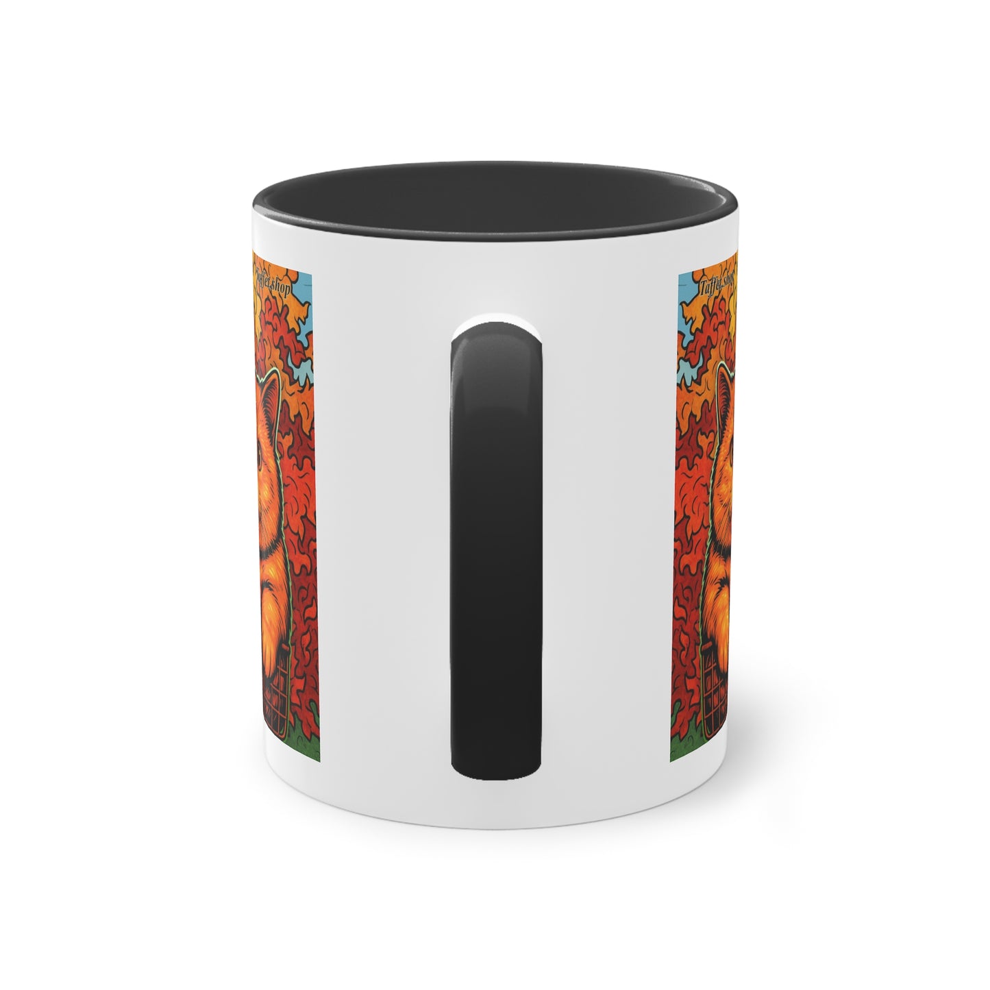 Tasse – Rote Katze mit Bäumen und blauem Himmel im Comic-Stil, 325 ml