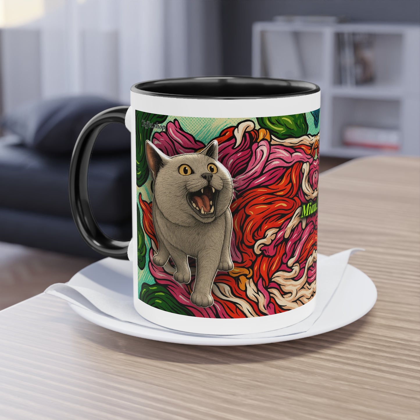 Tasse – Katze BKH/BSH mit Blume im Comic-Stil, 325 ml
