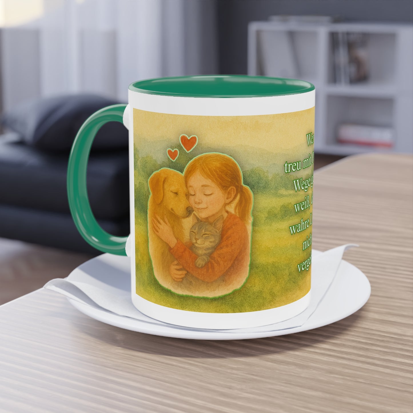 Animal protection mug: Love between Girl, Dog & Cat