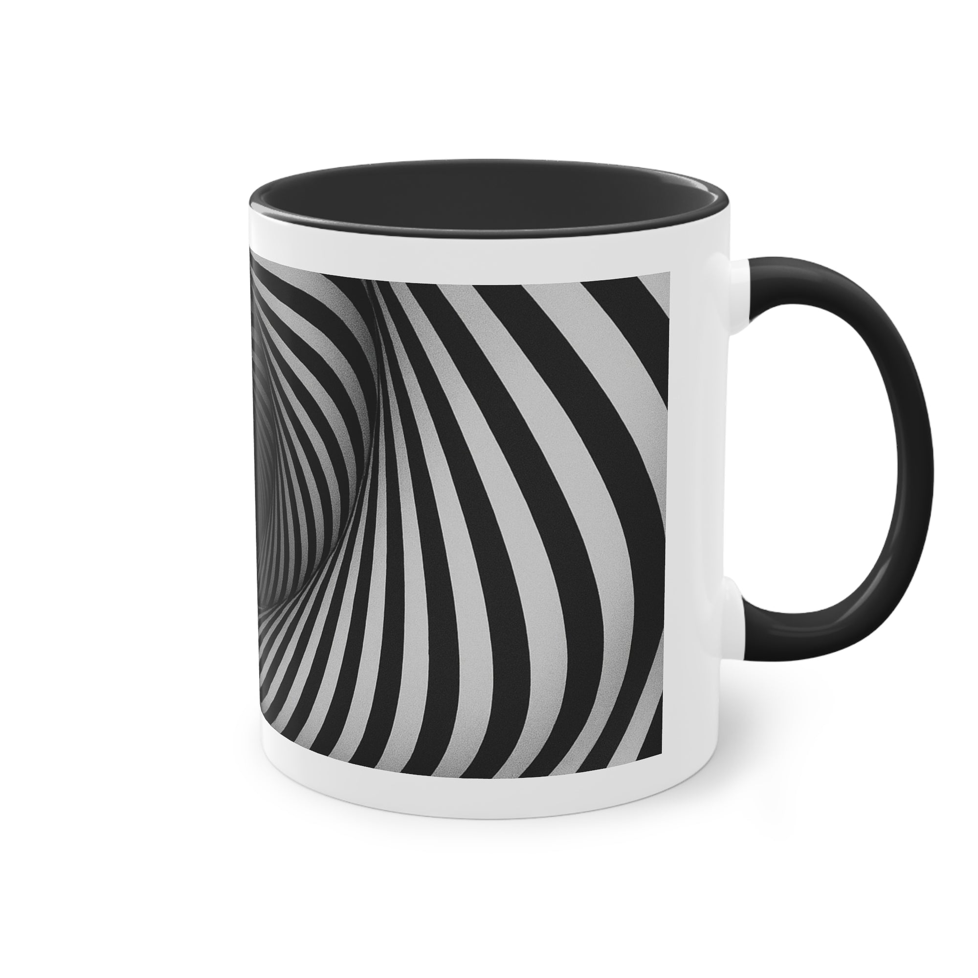 „Hypnotic Spiral“ Designer-Tasse aus der „Black & White“-Kollektion von Taffet.shop, 325 ml