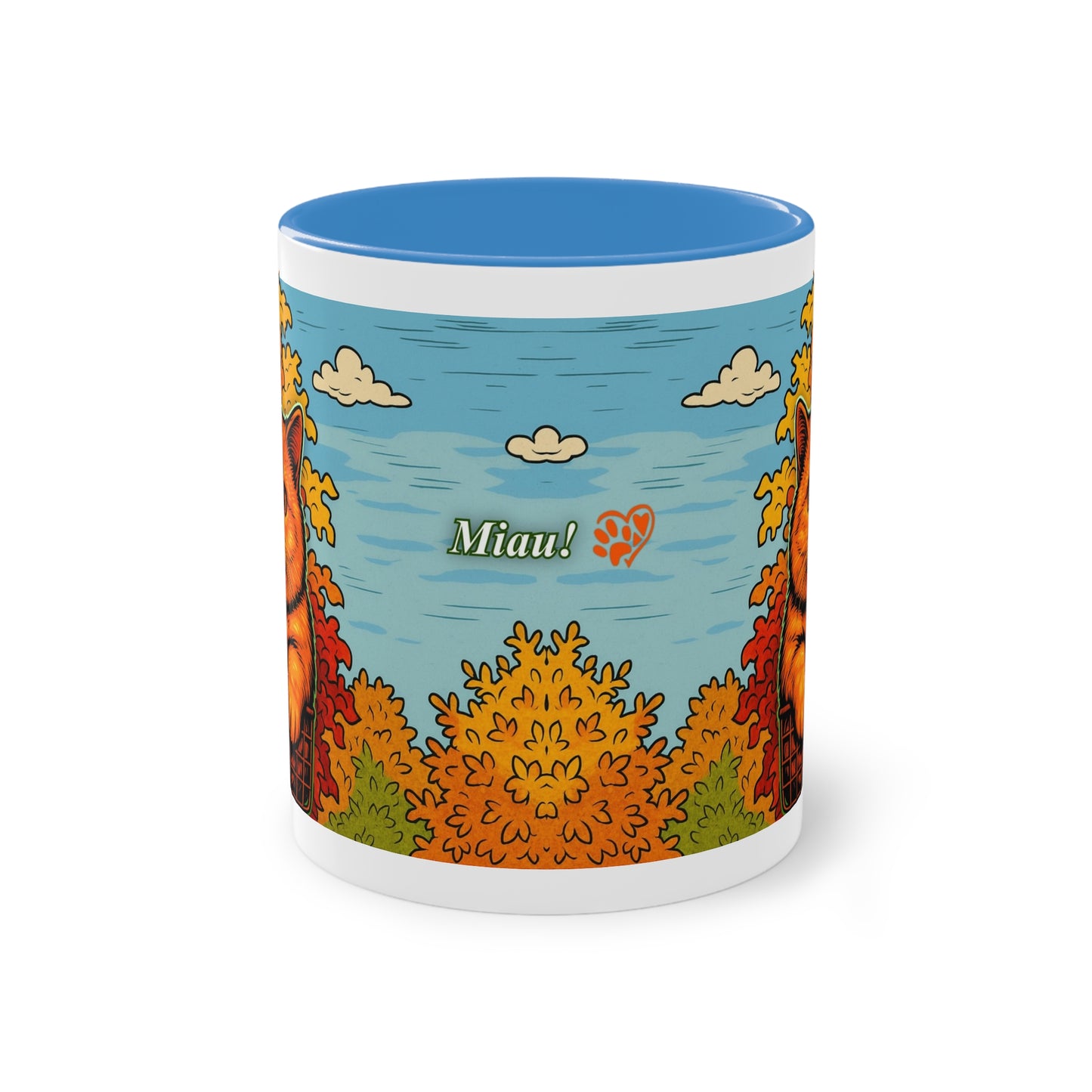 Tasse – Rote Katze mit Bäumen und blauem Himmel im Comic-Stil, 325 ml