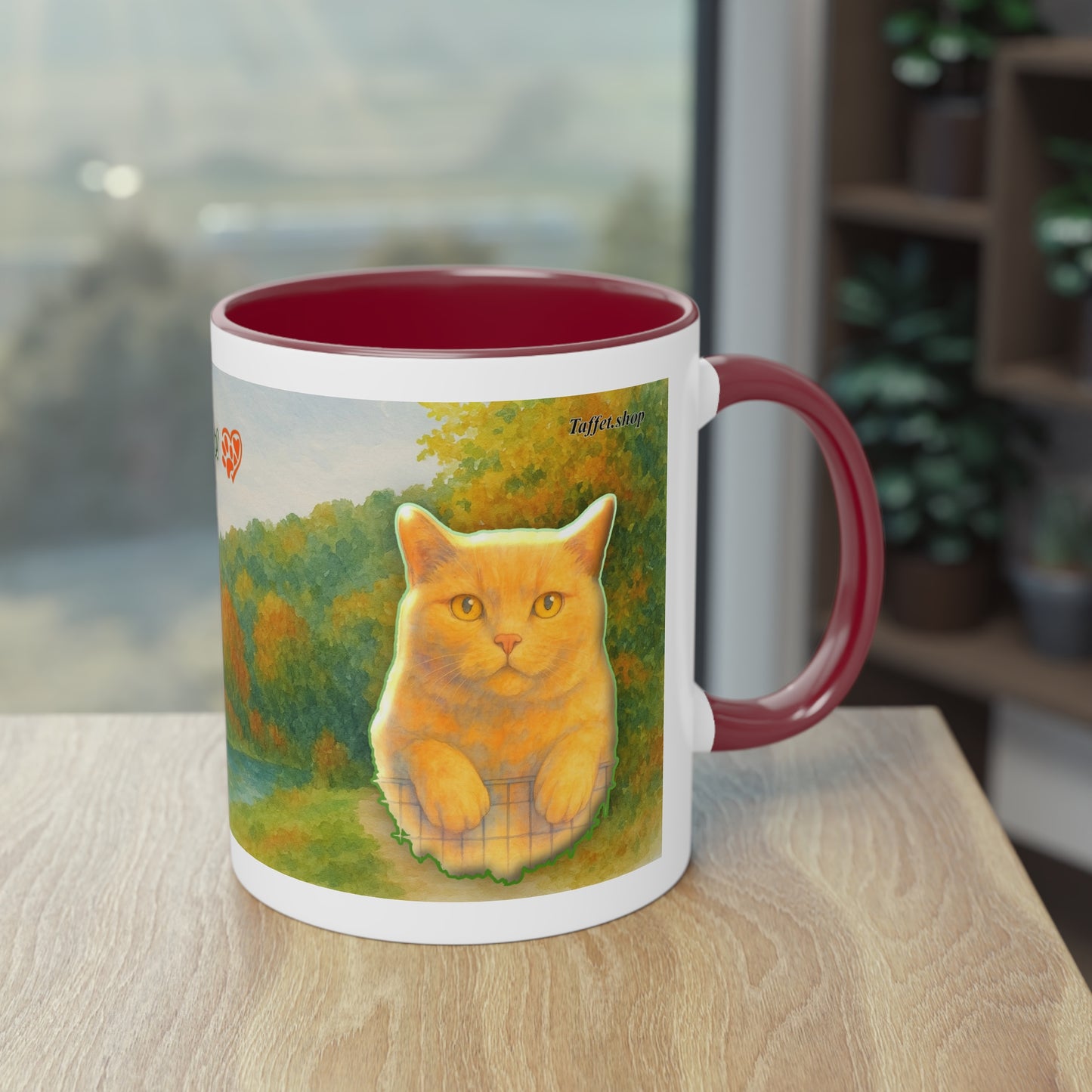 Tasse – Rote Katze mit Bäumen und blauem Himmel im Aquarell-Stil, 325 ml