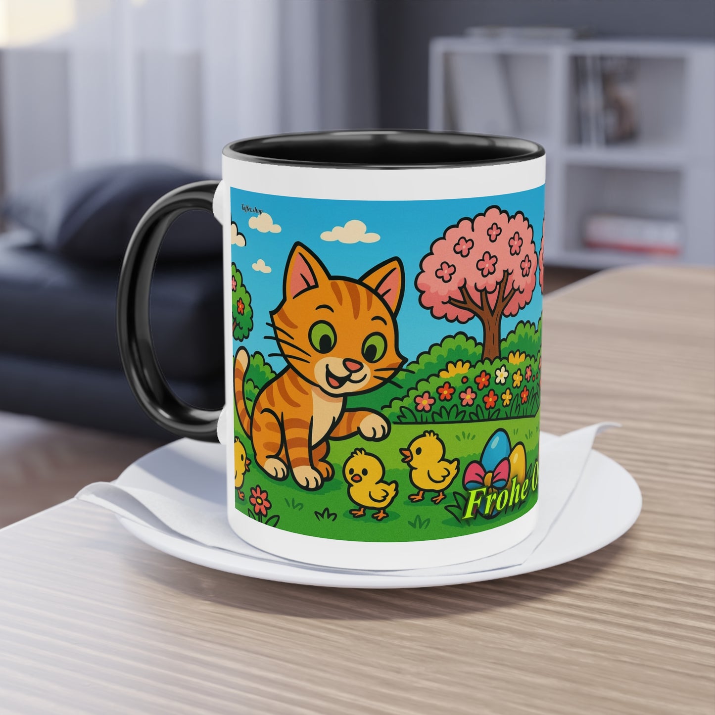 Tasse – „Katze & Küken“, Ostern/Frühling, 325 ml