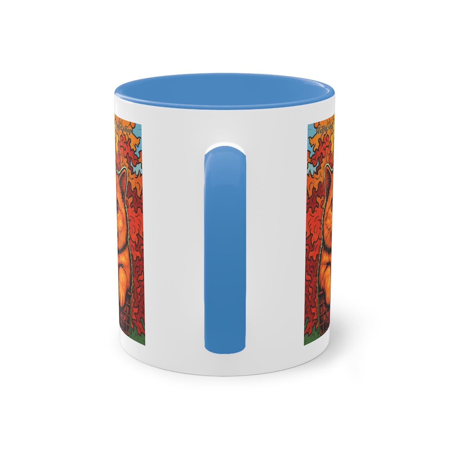 Tasse – Rote Katze mit Bäumen und blauem Himmel im Comic-Stil, 325 ml