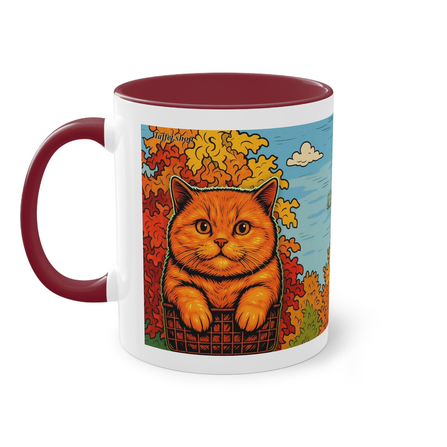 Tasse – Rote Katze mit Bäumen und blauem Himmel im Comic-Stil, 325 ml