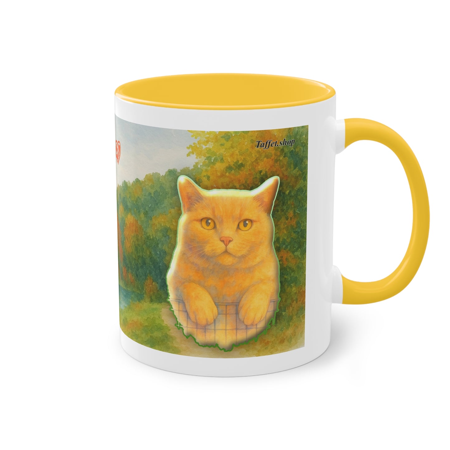Tasse – Rote Katze mit Bäumen und blauem Himmel im Aquarell-Stil, 325 ml