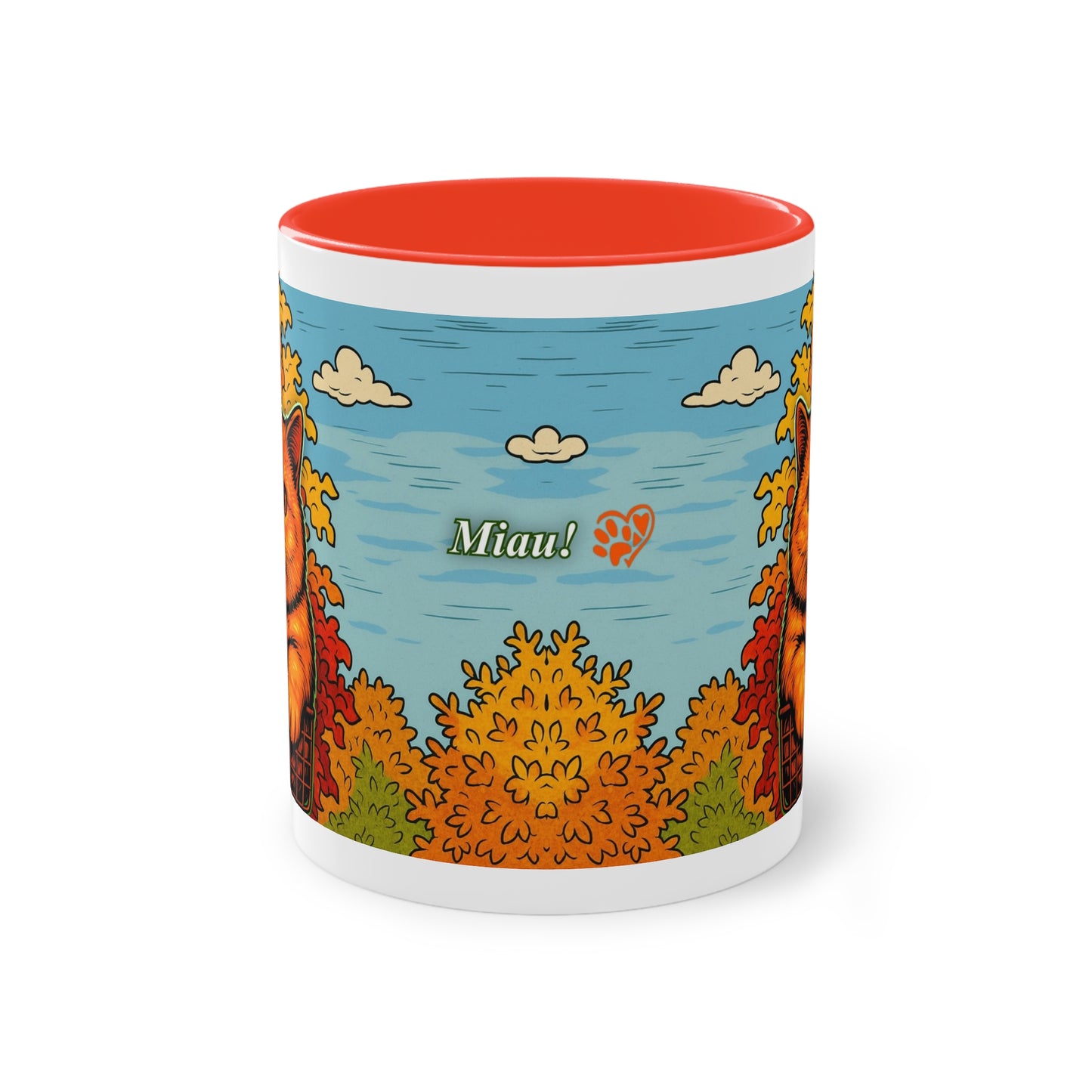 Tasse – Rote Katze mit Bäumen und blauem Himmel im Comic-Stil, 325 ml
