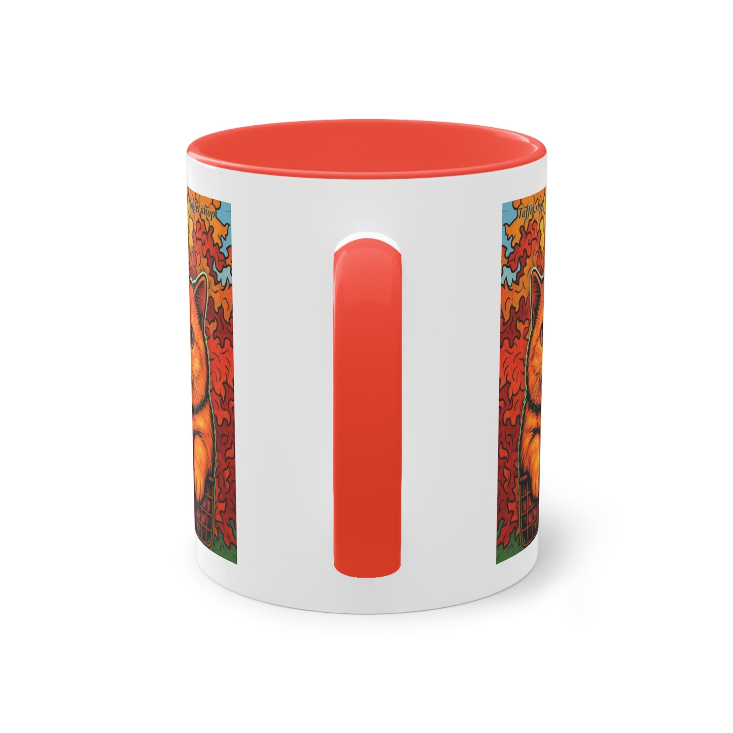 Tasse – Rote Katze mit Bäumen und blauem Himmel im Comic-Stil, 325 ml