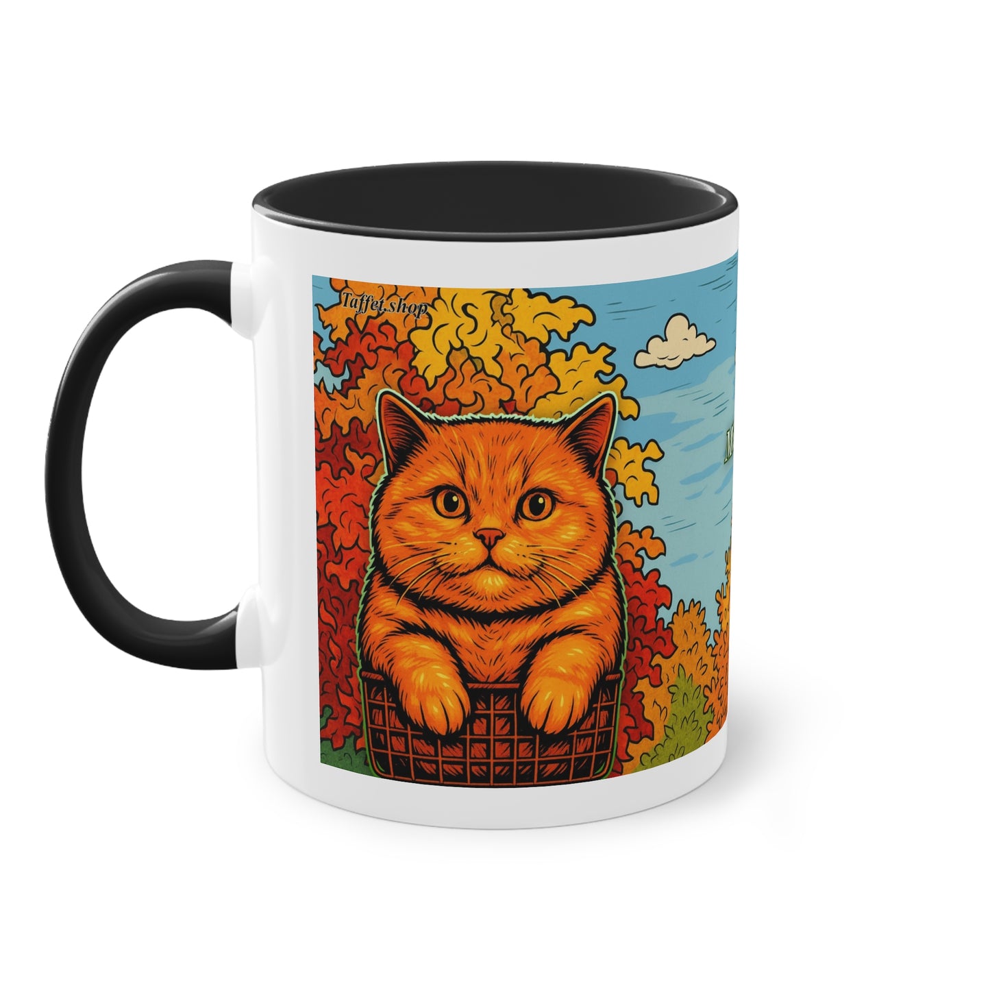 Tasse – Rote Katze mit Bäumen und blauem Himmel im Comic-Stil, 325 ml