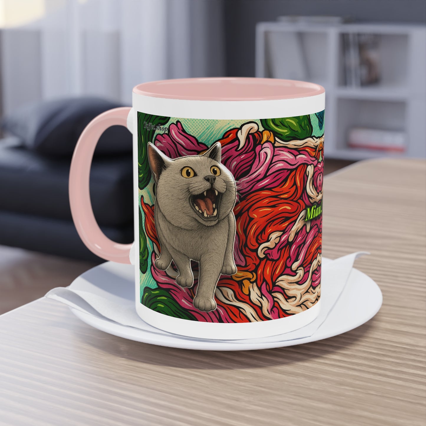 Tasse – Katze BKH/BSH mit Blume im Comic-Stil, 325 ml