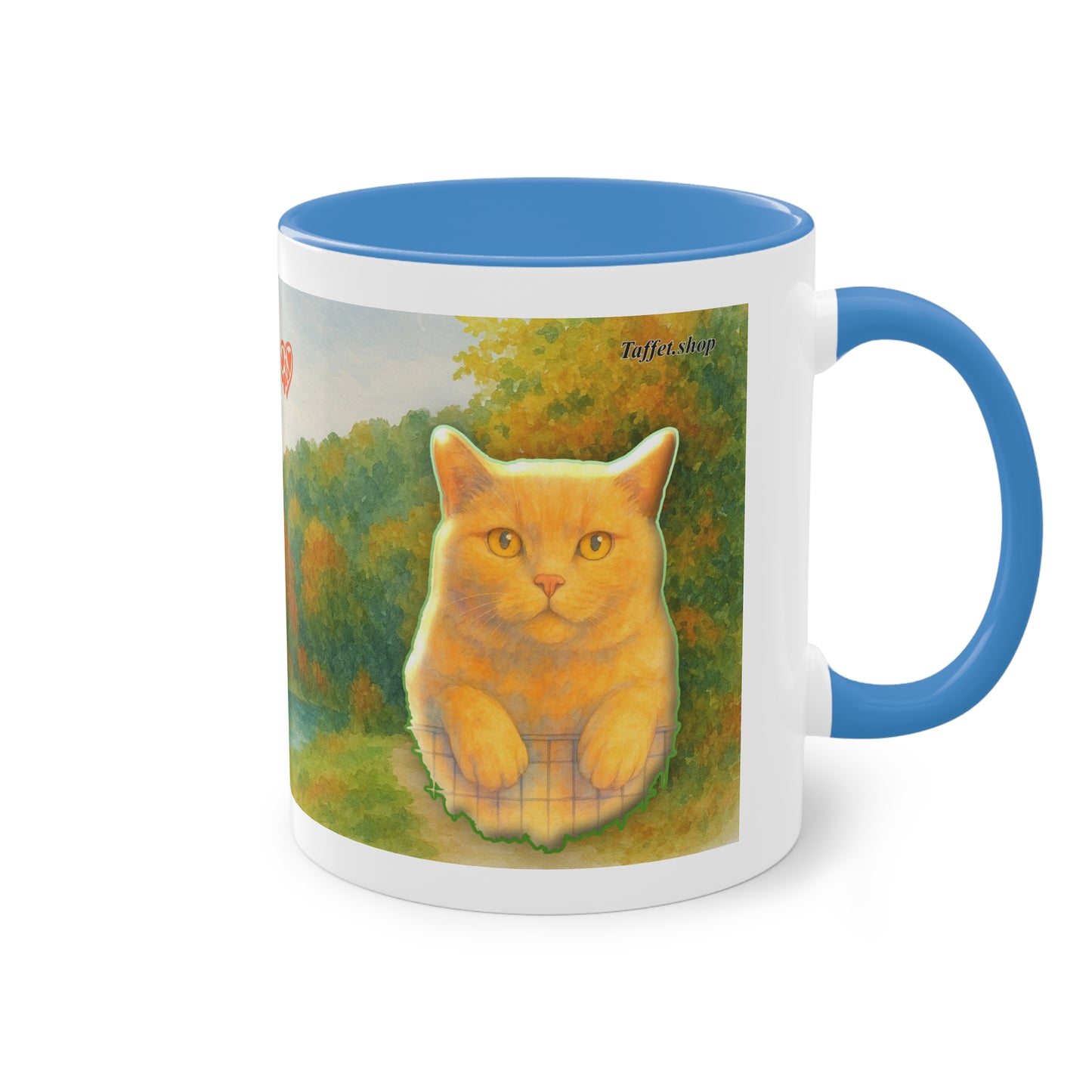 Tasse – Rote Katze mit Bäumen und blauem Himmel im Aquarell-Stil, 325 ml