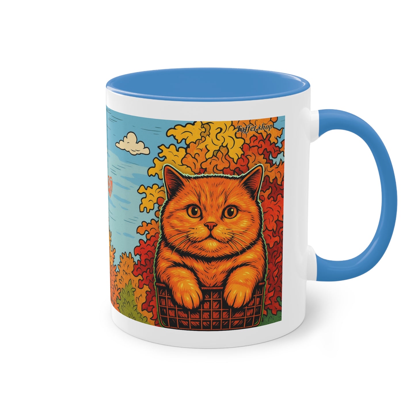 Tasse – Rote Katze mit Bäumen und blauem Himmel im Comic-Stil, 325 ml