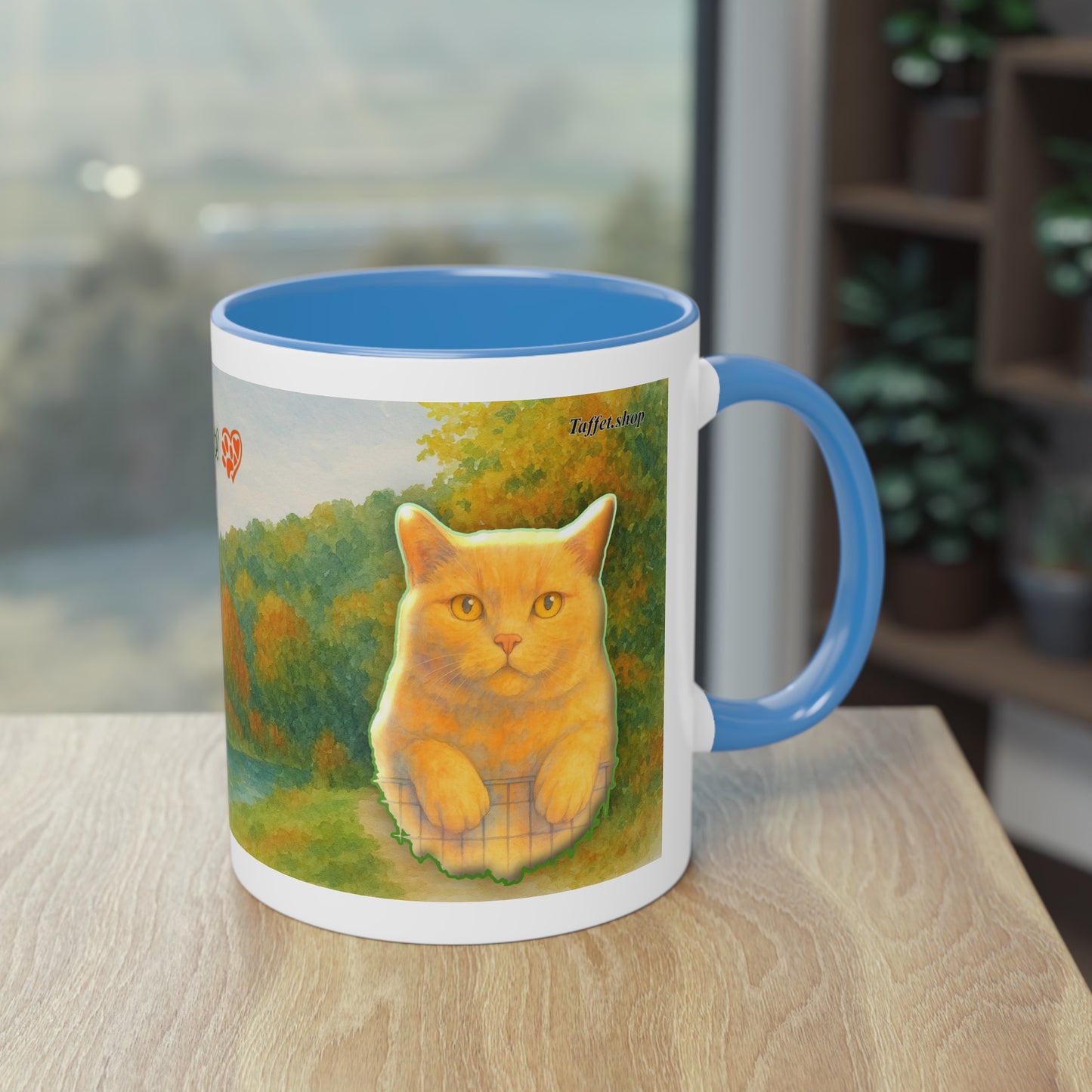 Tasse – Rote Katze mit Bäumen und blauem Himmel im Aquarell-Stil, 325 ml