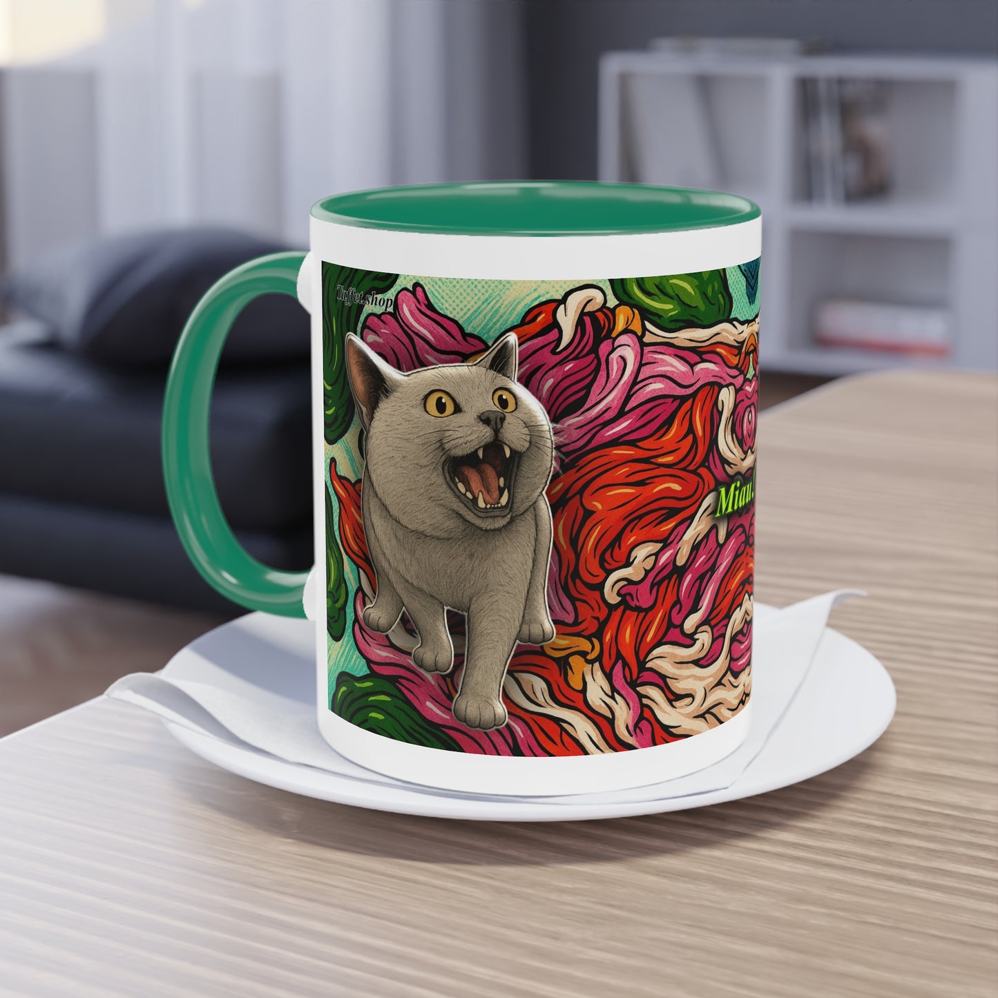 Tasse – Katze BKH/BSH mit Blume im Comic-Stil, 325 ml