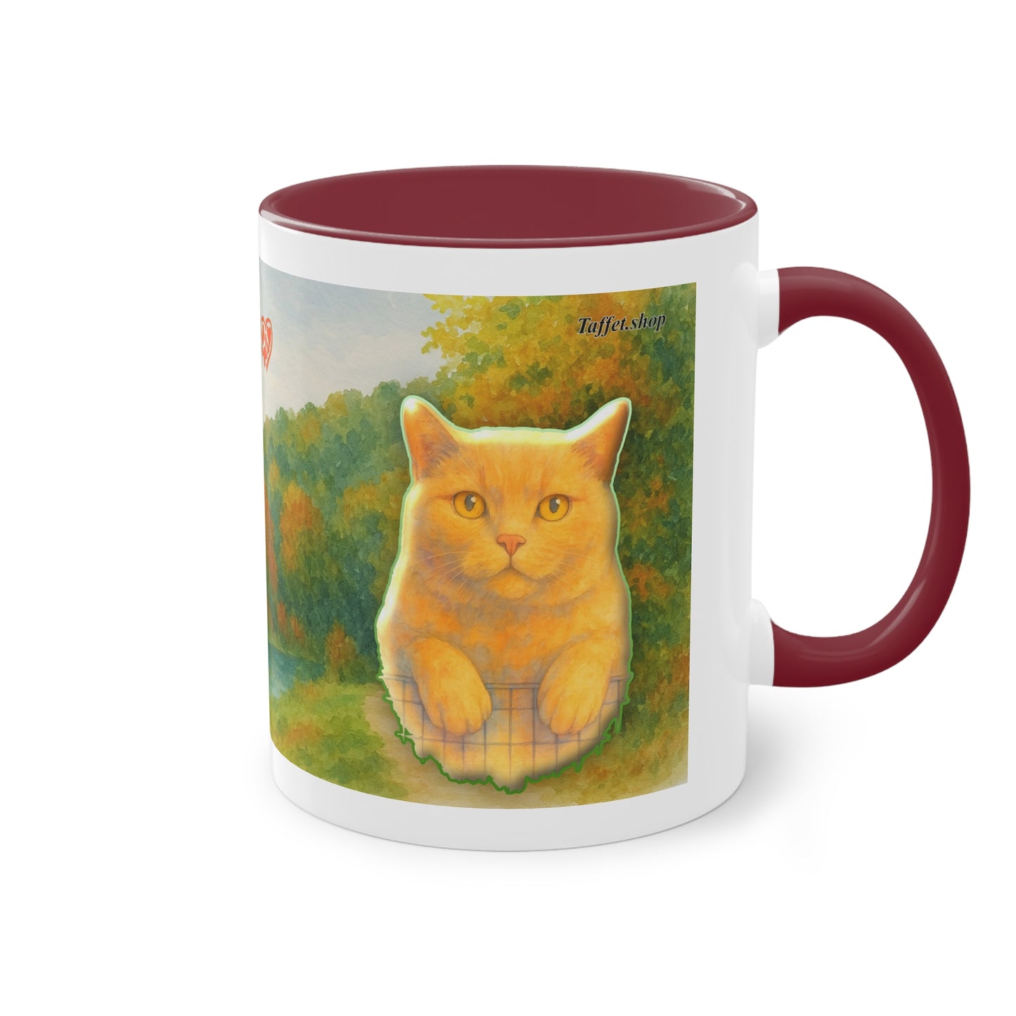 Tasse – Rote Katze mit Bäumen und blauem Himmel im Aquarell-Stil, 325 ml