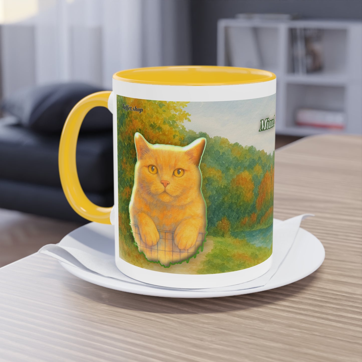 Tasse – Rote Katze mit Bäumen und blauem Himmel im Aquarell-Stil, 325 ml
