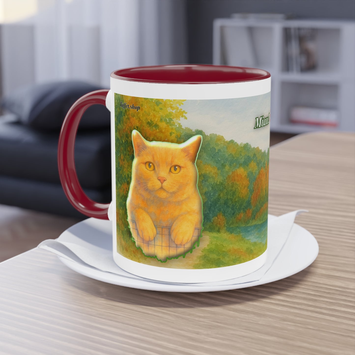 Tasse – Rote Katze mit Bäumen und blauem Himmel im Aquarell-Stil, 325 ml