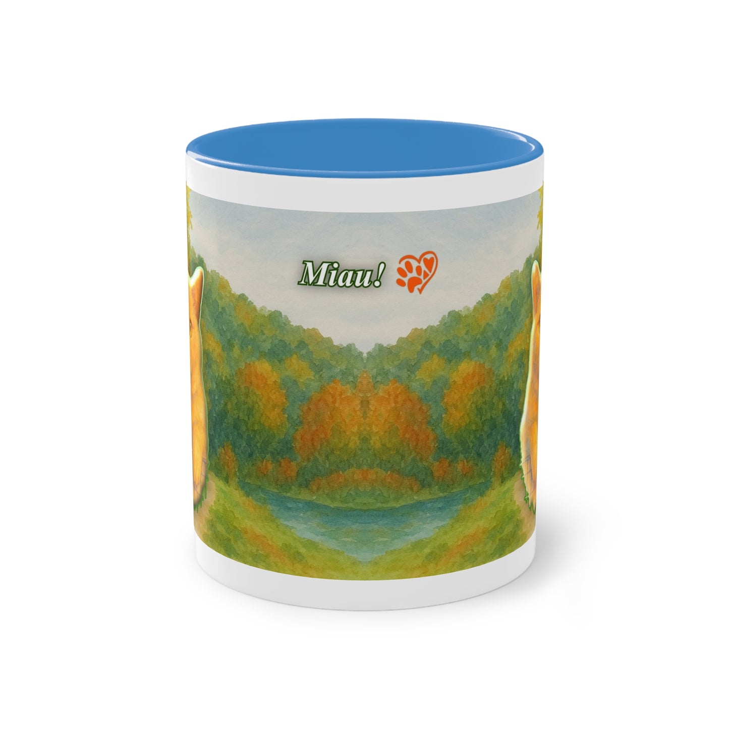 Tasse – Rote Katze mit Bäumen und blauem Himmel im Aquarell-Stil, 325 ml