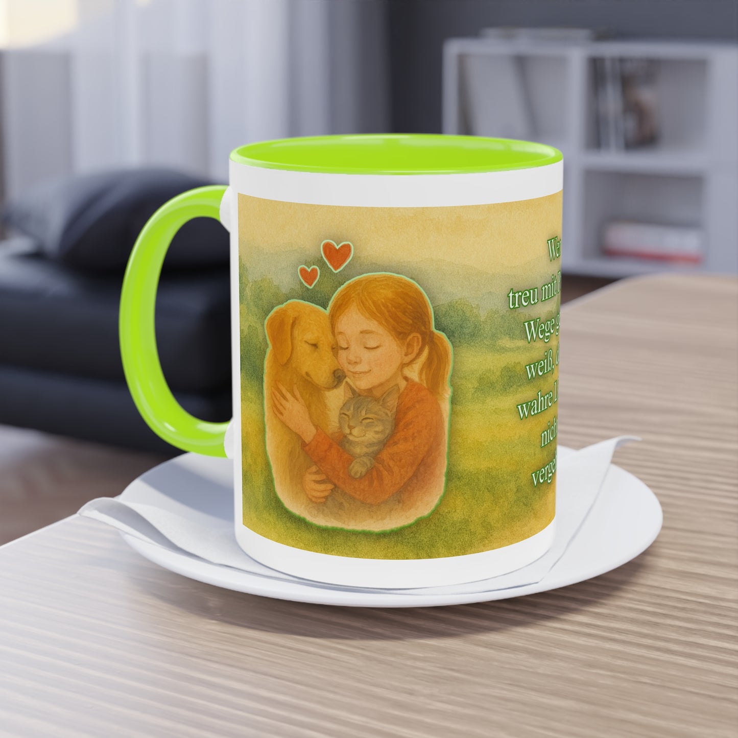 Animal protection mug: Love between Girl, Dog & Cat