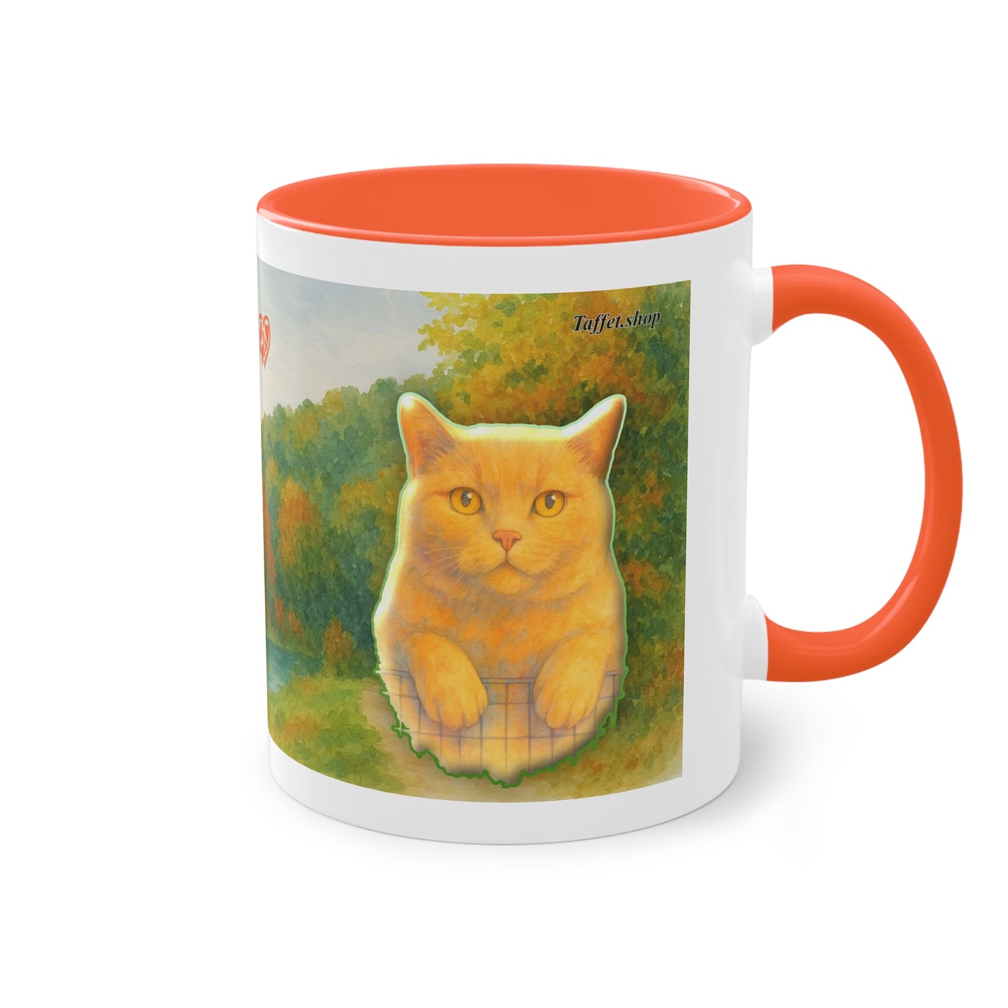 Tasse – Rote Katze mit Bäumen und blauem Himmel im Aquarell-Stil, 325 ml