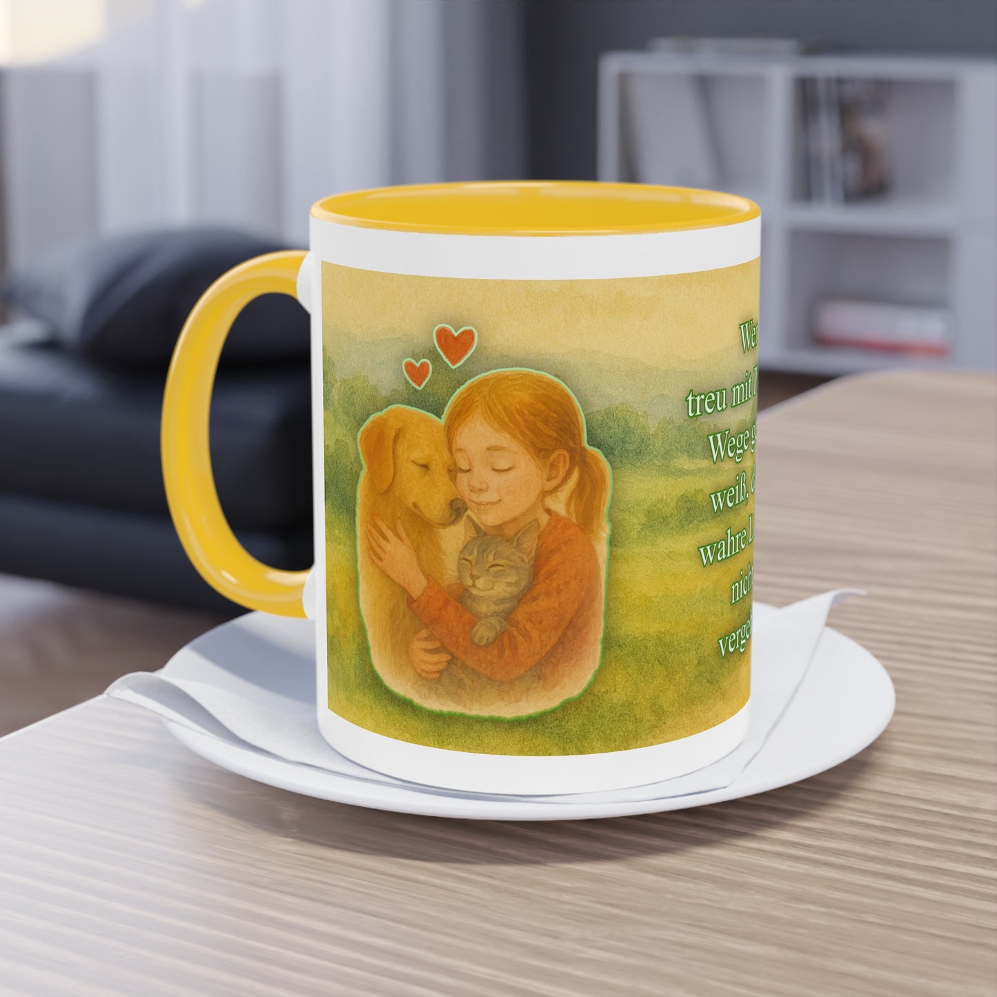 Animal protection mug: Love between Girl, Dog & Cat