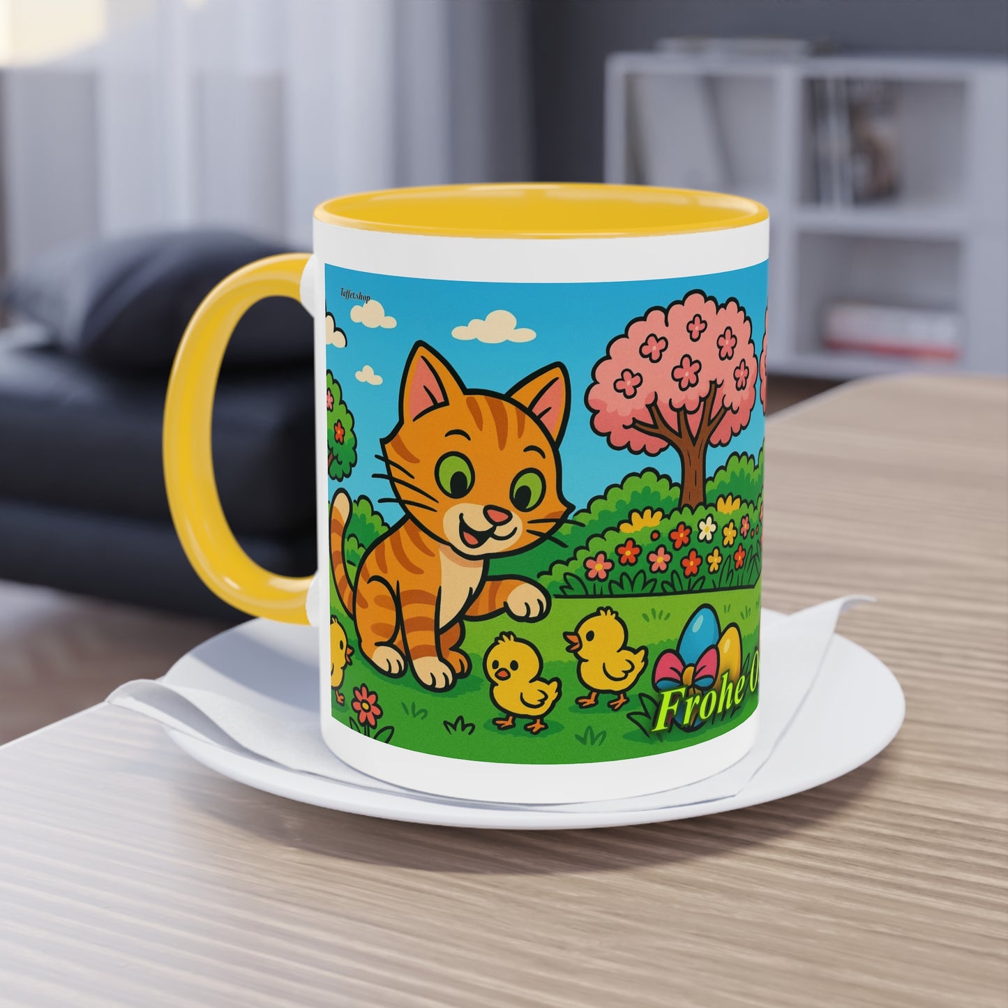 Tasse – „Katze & Küken“, Ostern/Frühling, 325 ml