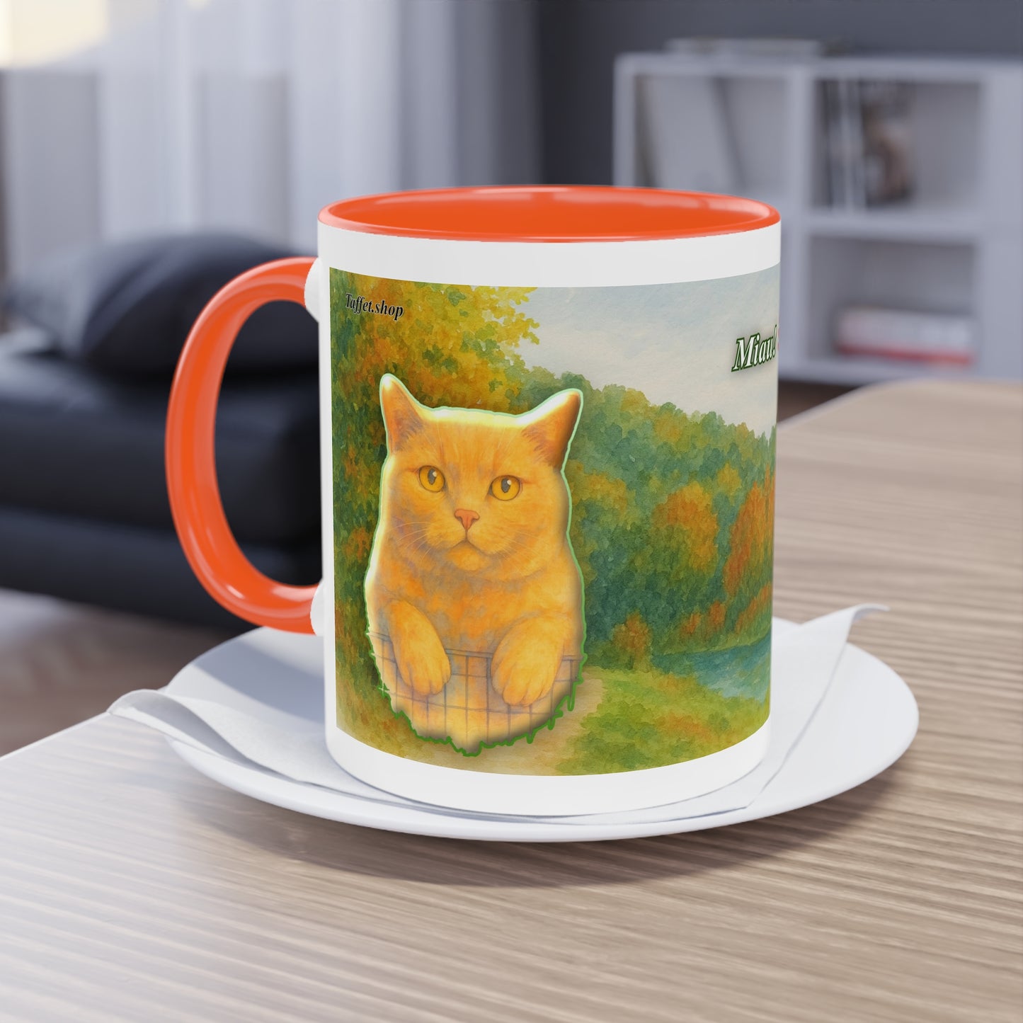 Tasse – Rote Katze mit Bäumen und blauem Himmel im Aquarell-Stil, 325 ml
