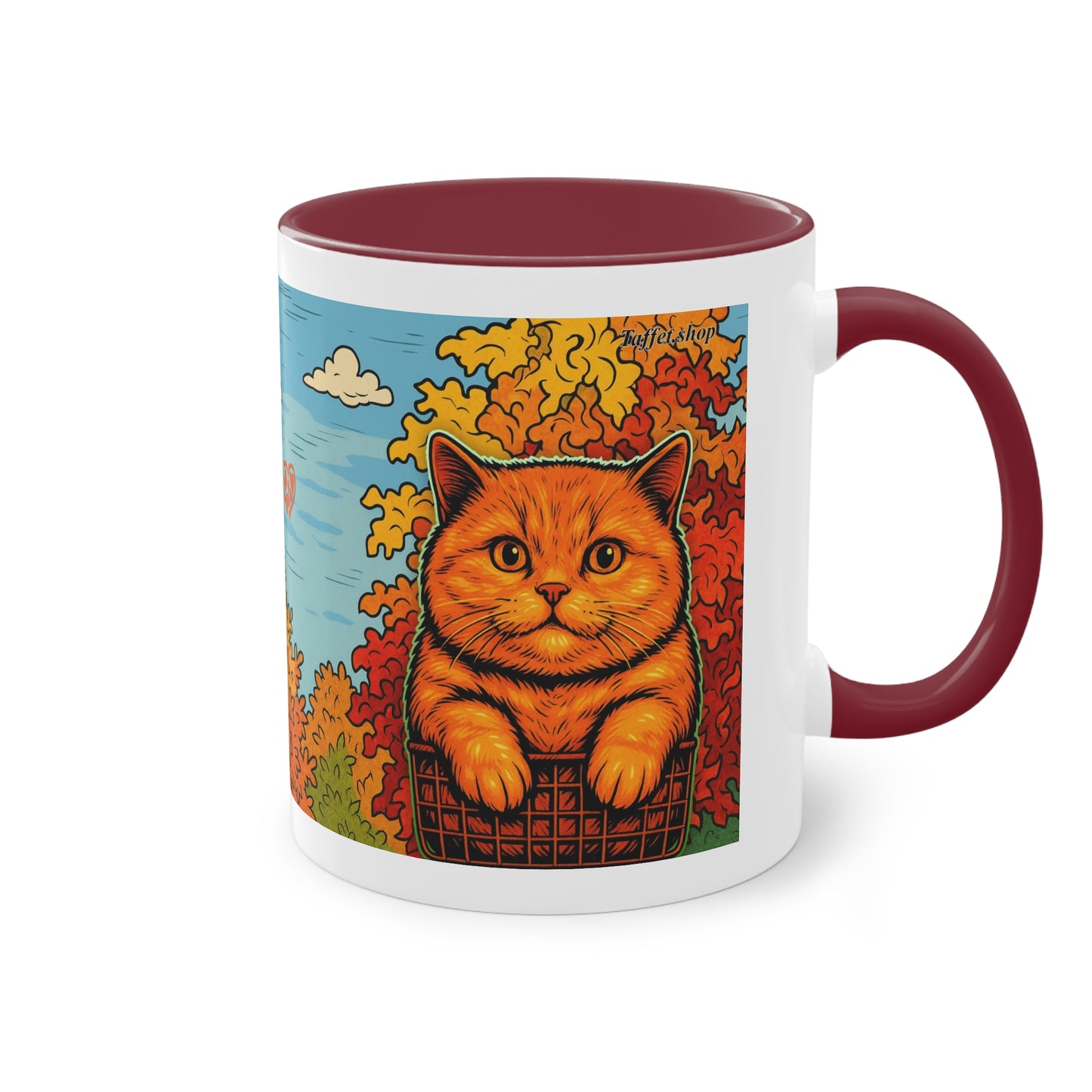 Tasse – Rote Katze mit Bäumen und blauem Himmel im Comic-Stil, 325 ml