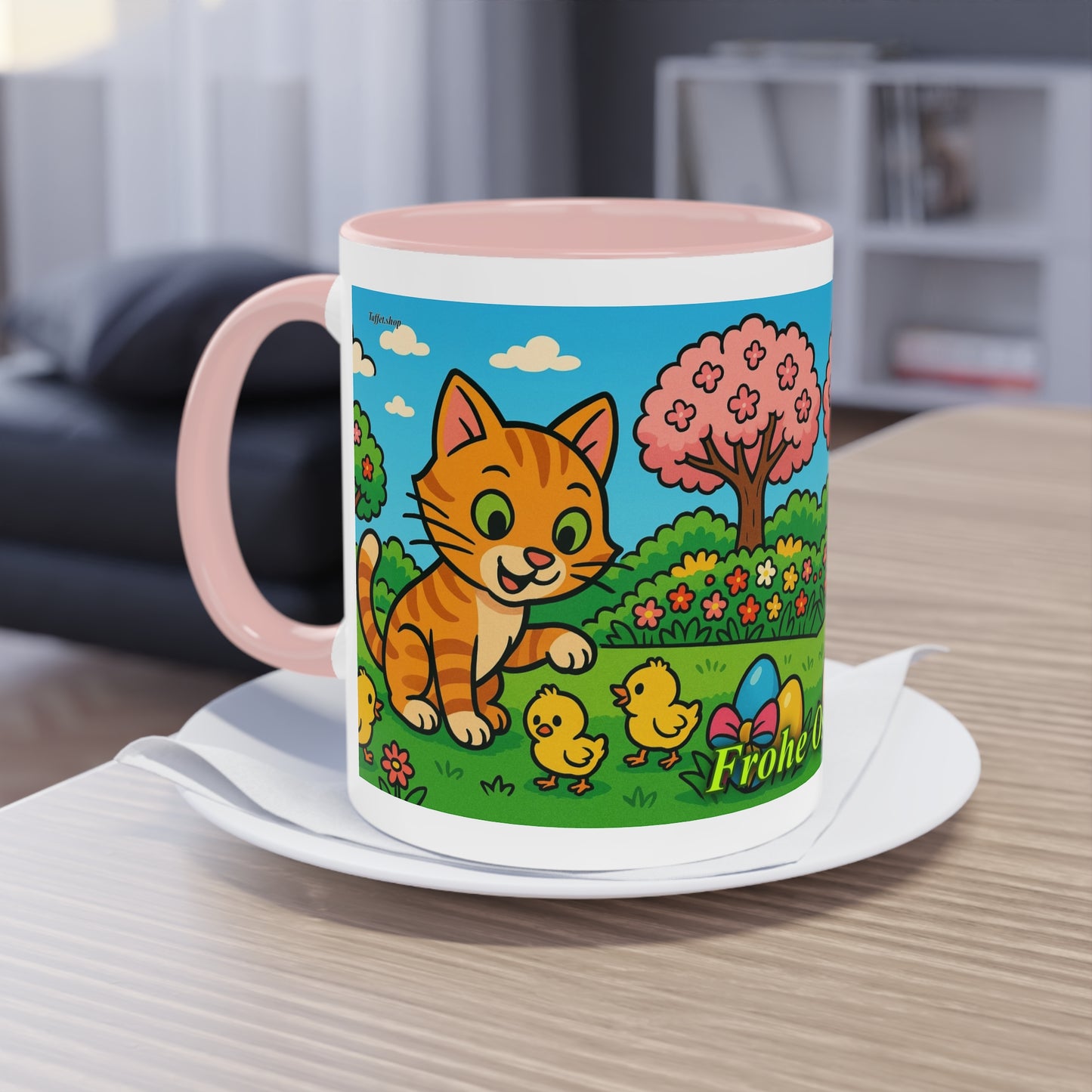 Tasse – „Katze & Küken“, Ostern/Frühling, 325 ml