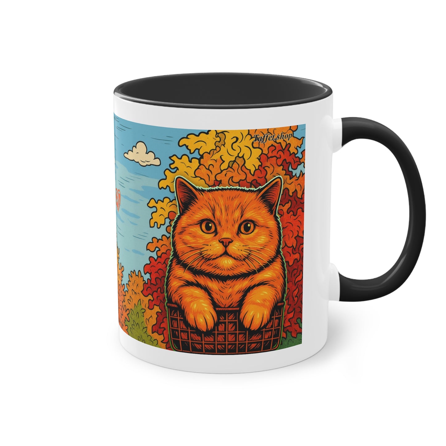 Tasse – Rote Katze mit Bäumen und blauem Himmel im Comic-Stil, 325 ml