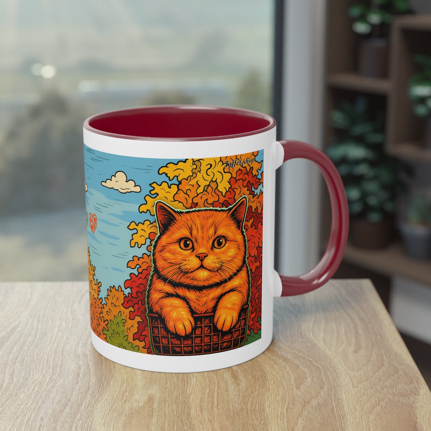 Tasse – Rote Katze mit Bäumen und blauem Himmel im Comic-Stil, 325 ml
