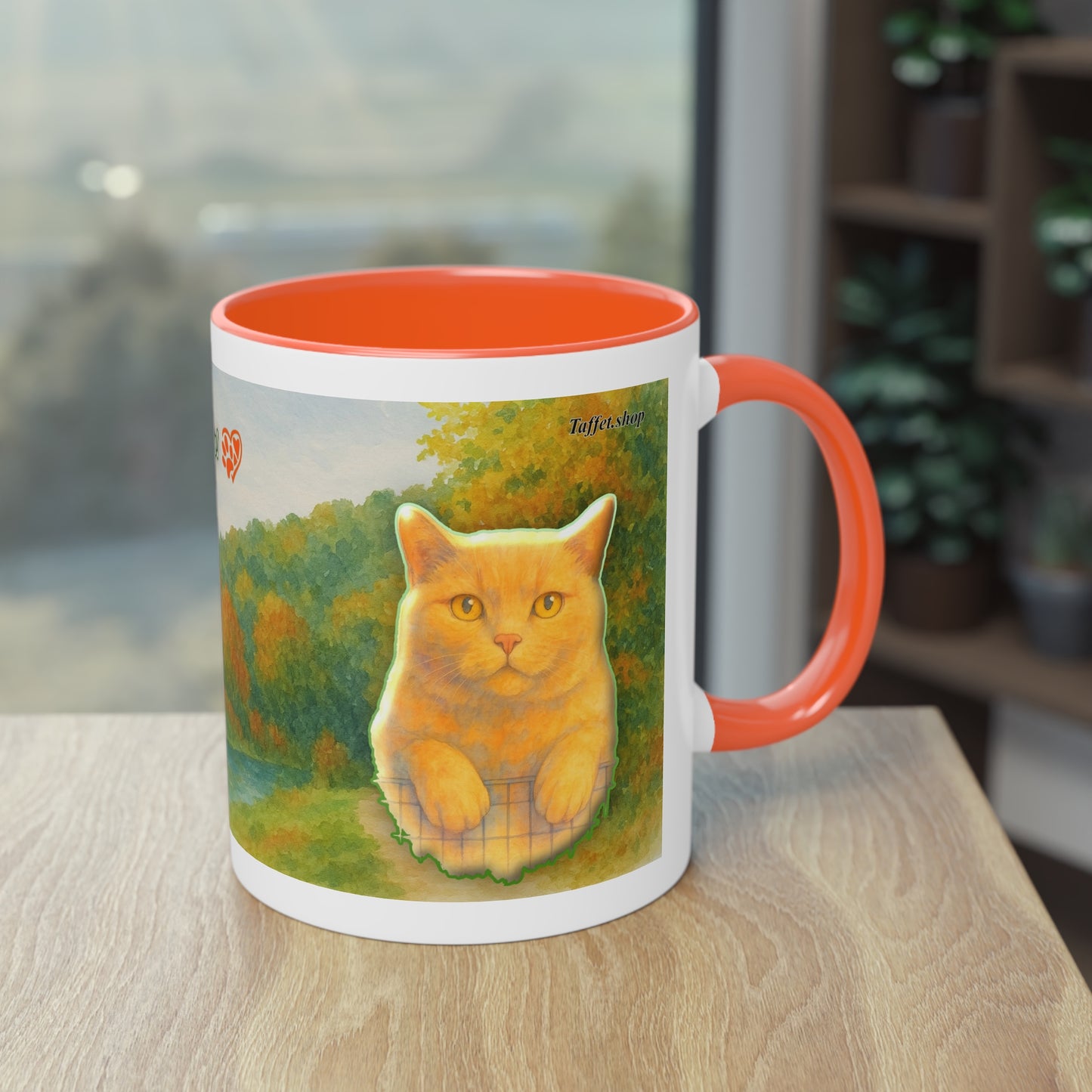 Tasse – Rote Katze mit Bäumen und blauem Himmel im Aquarell-Stil, 325 ml