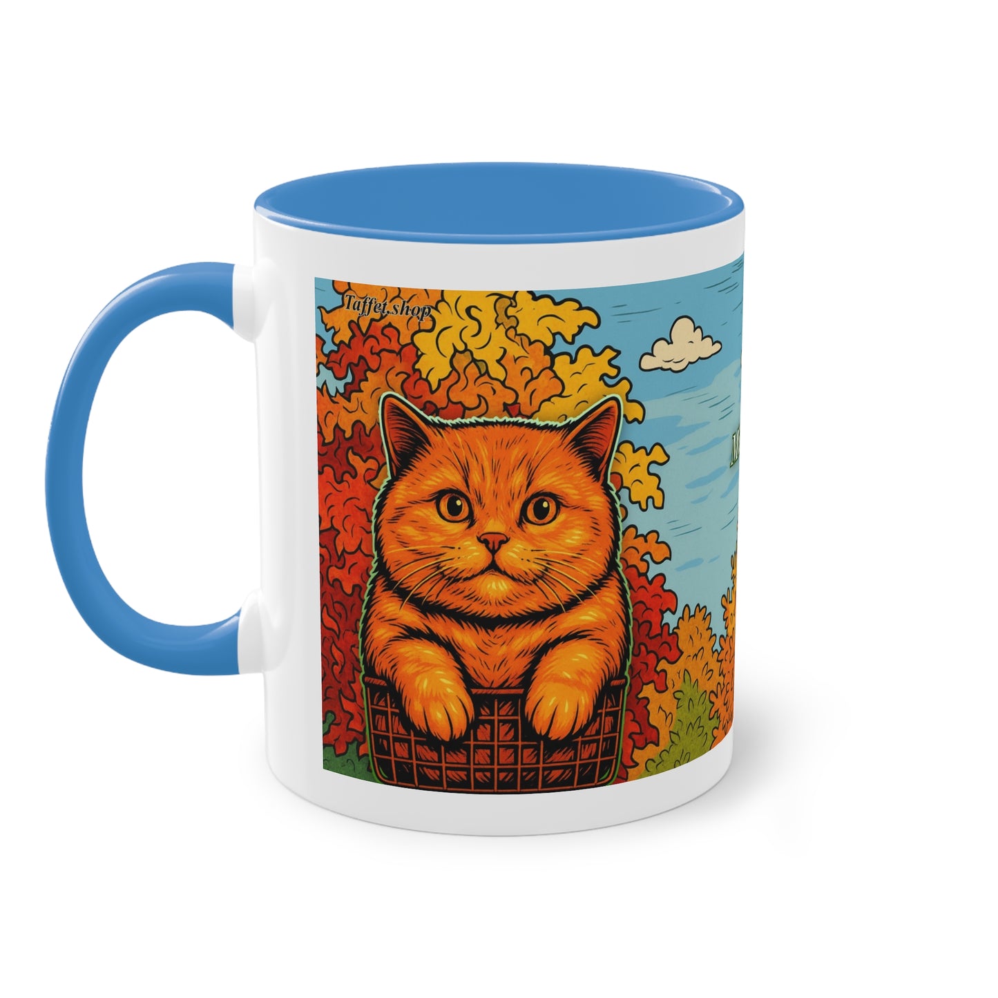 Tasse – Rote Katze mit Bäumen und blauem Himmel im Comic-Stil, 325 ml