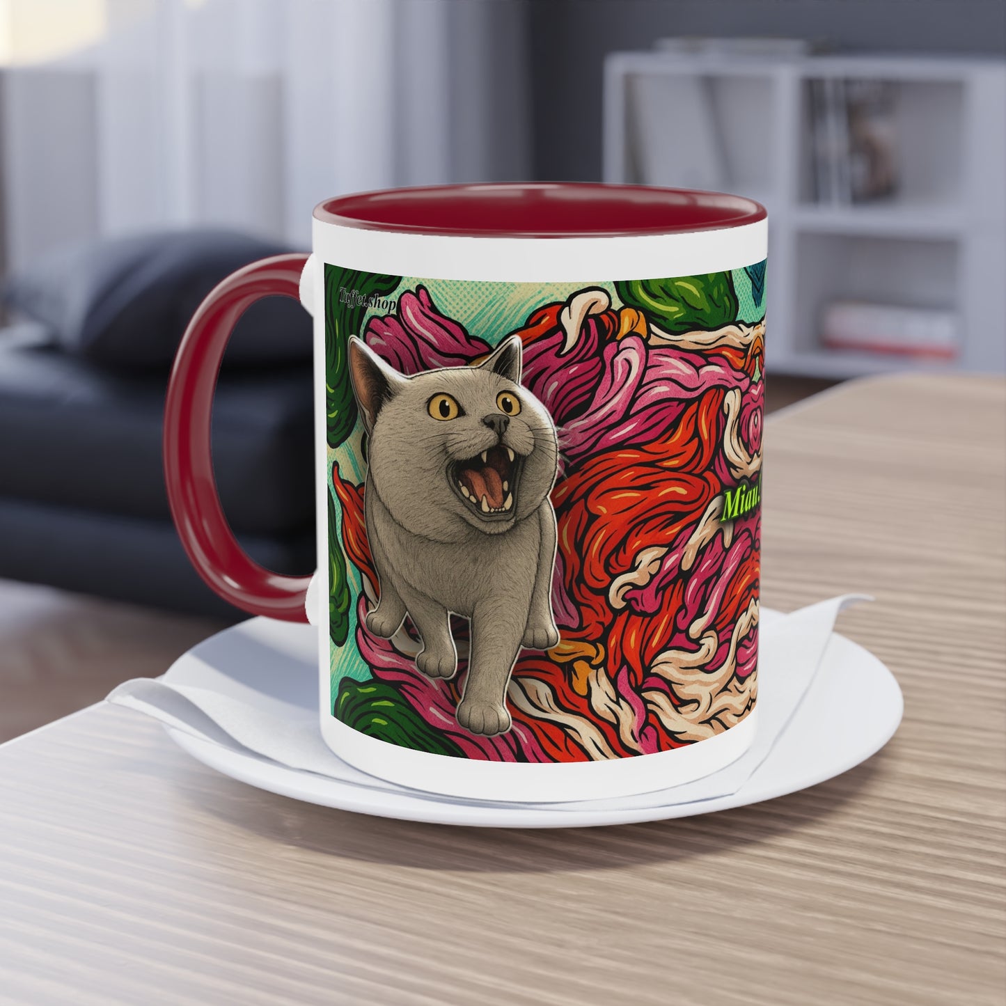 Tasse – Katze BKH/BSH mit Blume im Comic-Stil, 325 ml