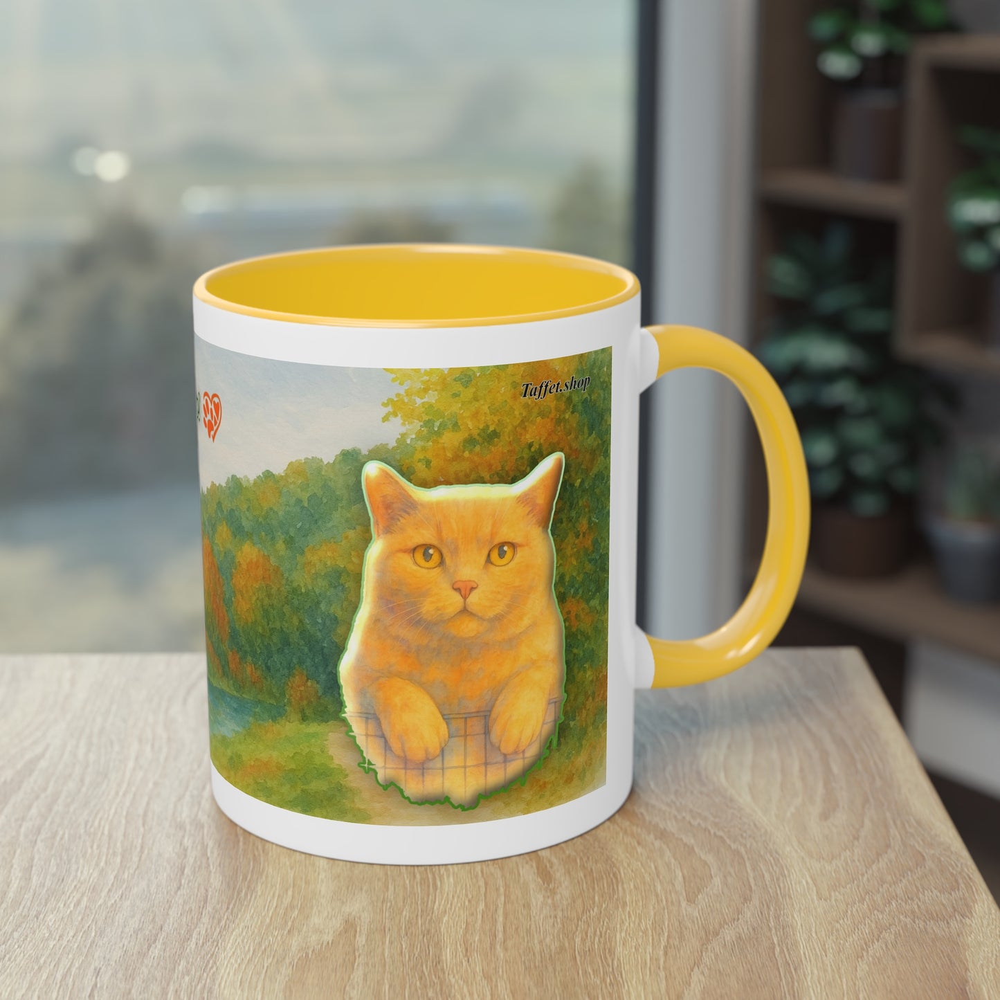 Tasse – Rote Katze mit Bäumen und blauem Himmel im Aquarell-Stil, 325 ml