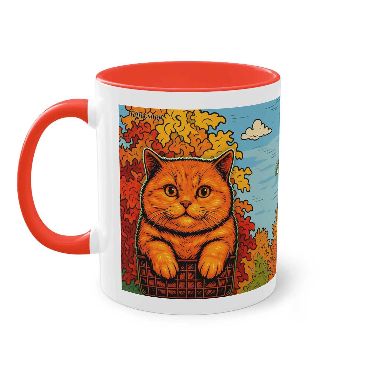 Tasse – Rote Katze mit Bäumen und blauem Himmel im Comic-Stil, 325 ml