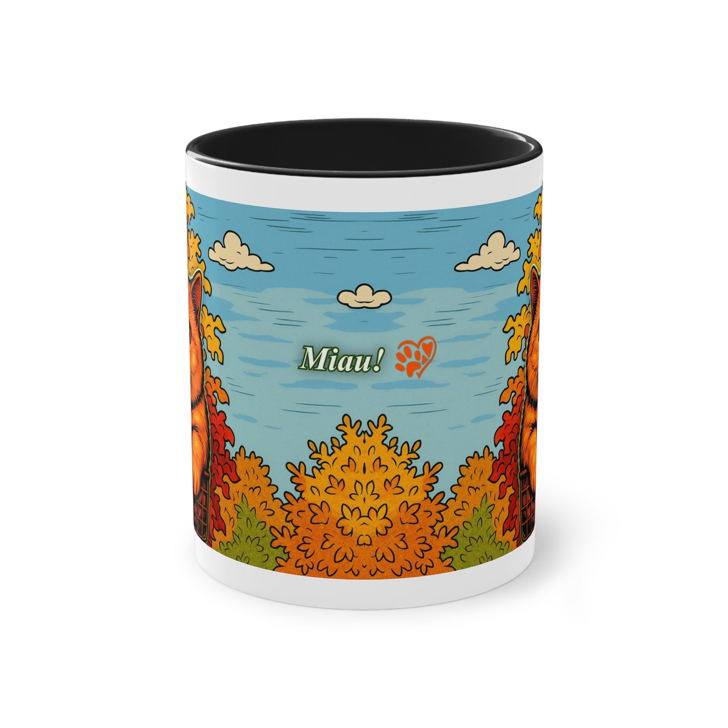 Tasse – Rote Katze mit Bäumen und blauem Himmel im Comic-Stil, 325 ml