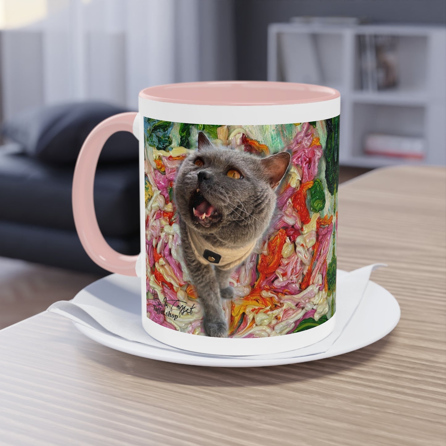 Artist Mug “Cat British Shorthair Motif (2)” Reproducing Impasto Oil Painting by Monika Taffet