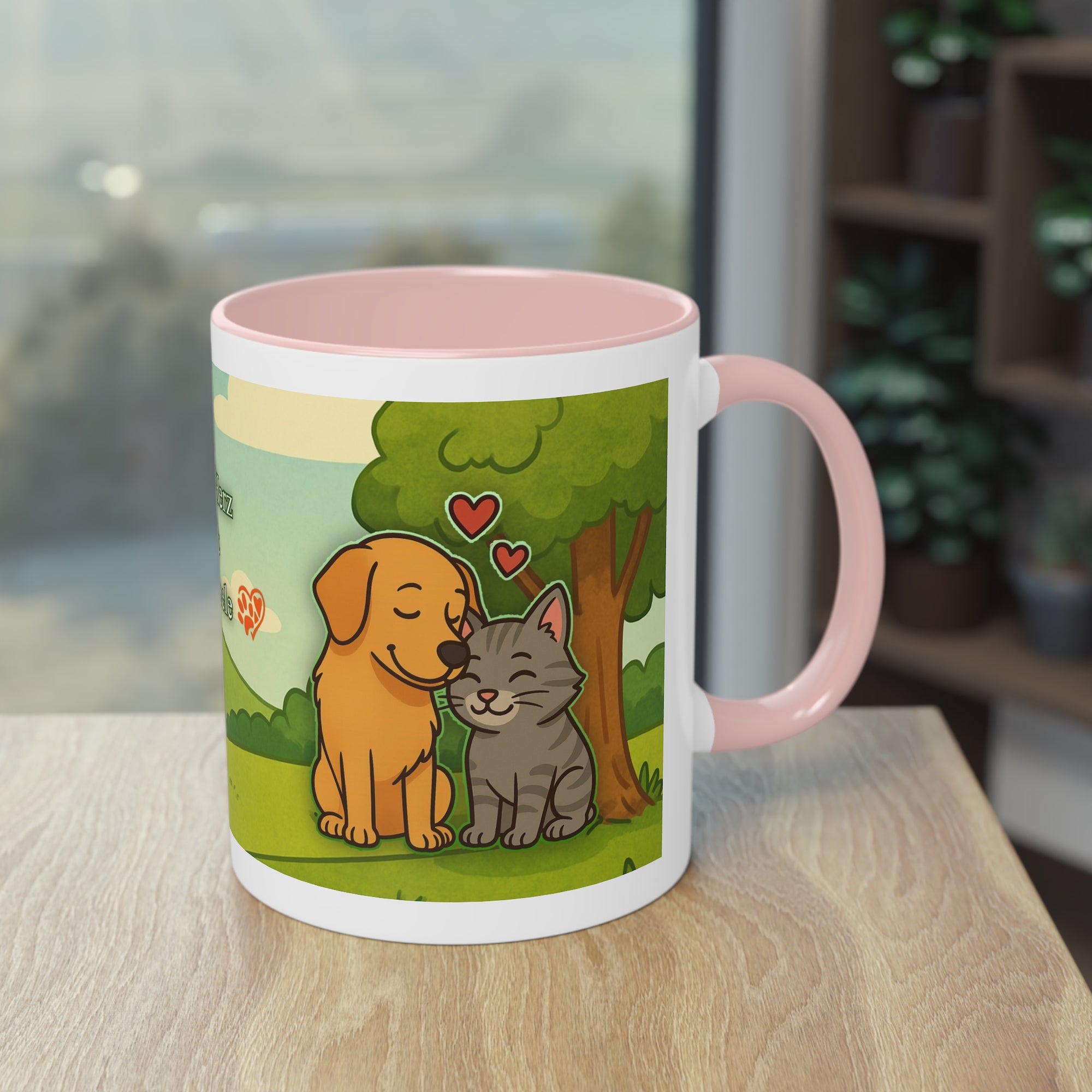 Tasse – „Hund und Katze mit Herzchen“ im Comic-Stil, 325 ml